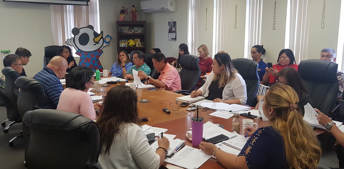 Marianas Visitors Authority board chair Marian Aldan-Pierce, left background, presides over a meeting on Thursday with MVA management led by Managing Director Priscilla Iakopo and representatives of MVA’s offshore promotion and marketing offices in South Korea and Japan. Photo by Junhan B. Todino