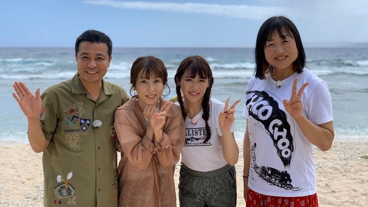 The cast of TV Tokyo Network’s upcoming special “The Best Weekend Resort with Direct Flight: Let’s See All the Superb Views in Saipan Within 48 Hours!” film at Ladder Beach on Feb. 19, 2020. From left are Hideyuki Nakayama, Reiko Kato, Miki Nishino and Shizuyo Yamazaki.