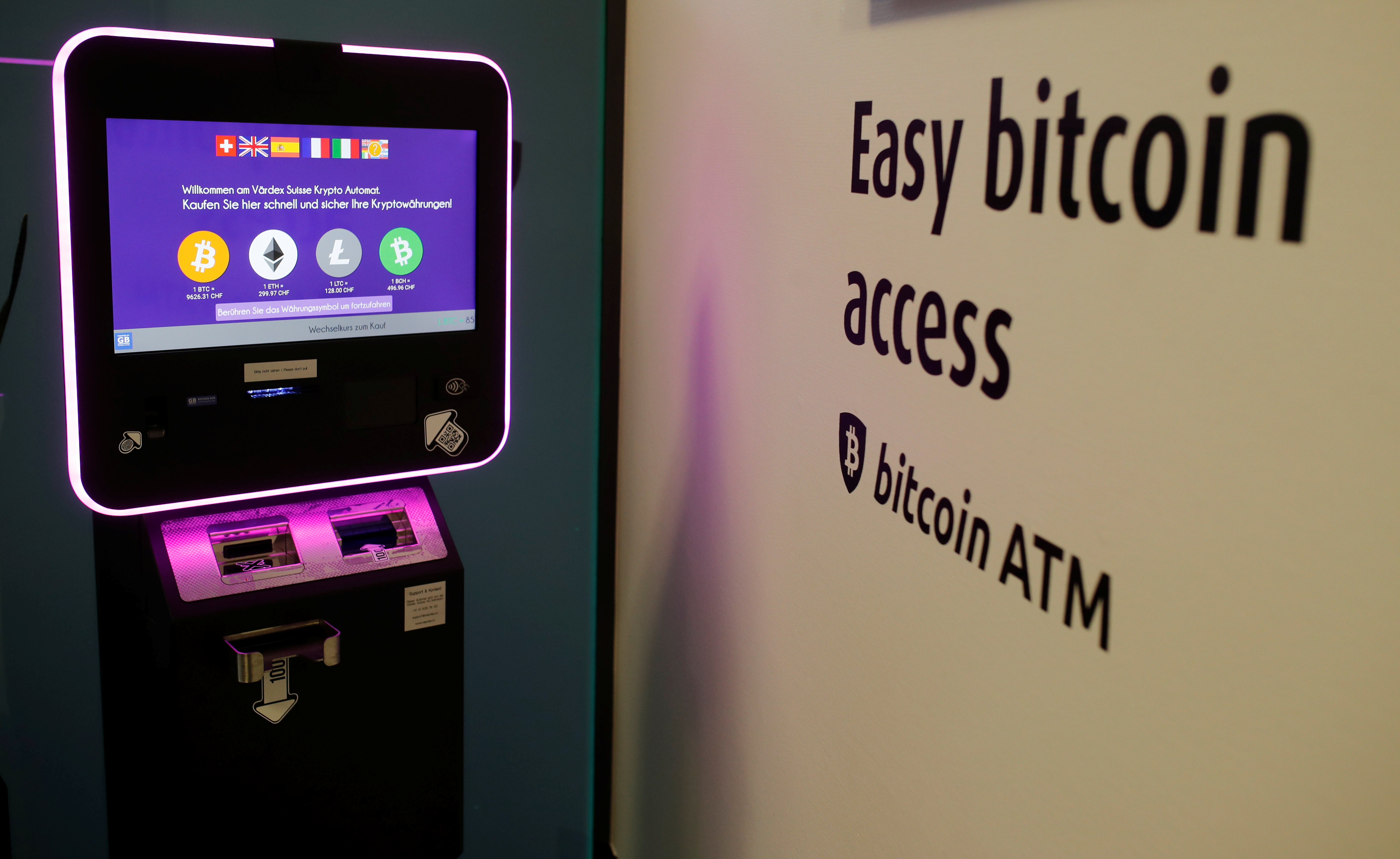 The exchange rates of Bitcoin, Ether, Litecoin and Bitcoin Cash are seen on the display of a cryptocurrency ATM at the headquarters of Swiss Falcon Private Bank in Zurich on May 29, 2019.REUTERS