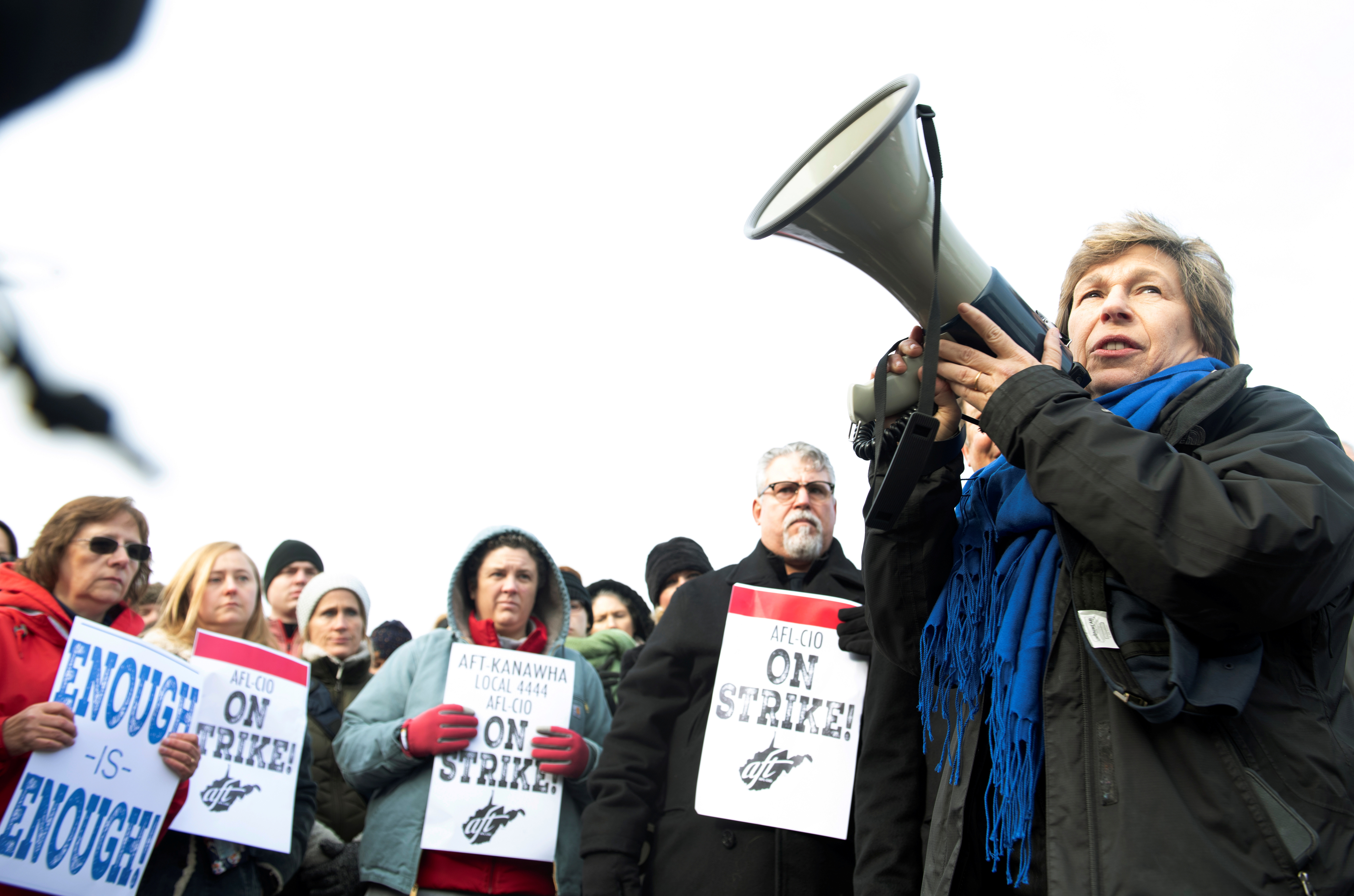 Randi Weingarten, president of the American Federation of Teachers, speaks before a crowd of striking educators at Capital High School in Charleston, West Virginia on Feb. 19 2019.
