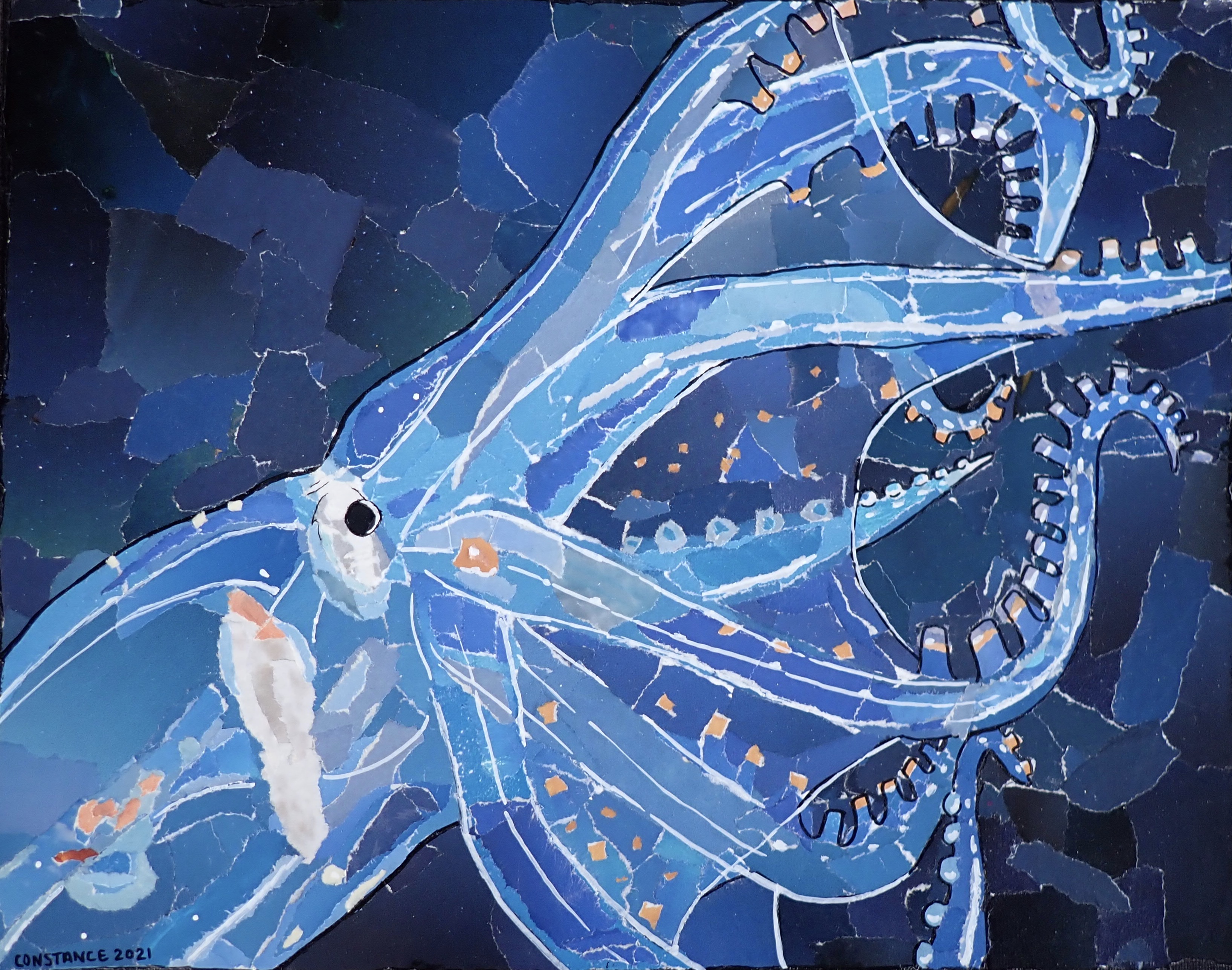 During the expedition, Constance Sartor created upcycled magazine collages of the specimens collected by the ROV, such as this glass octopus.