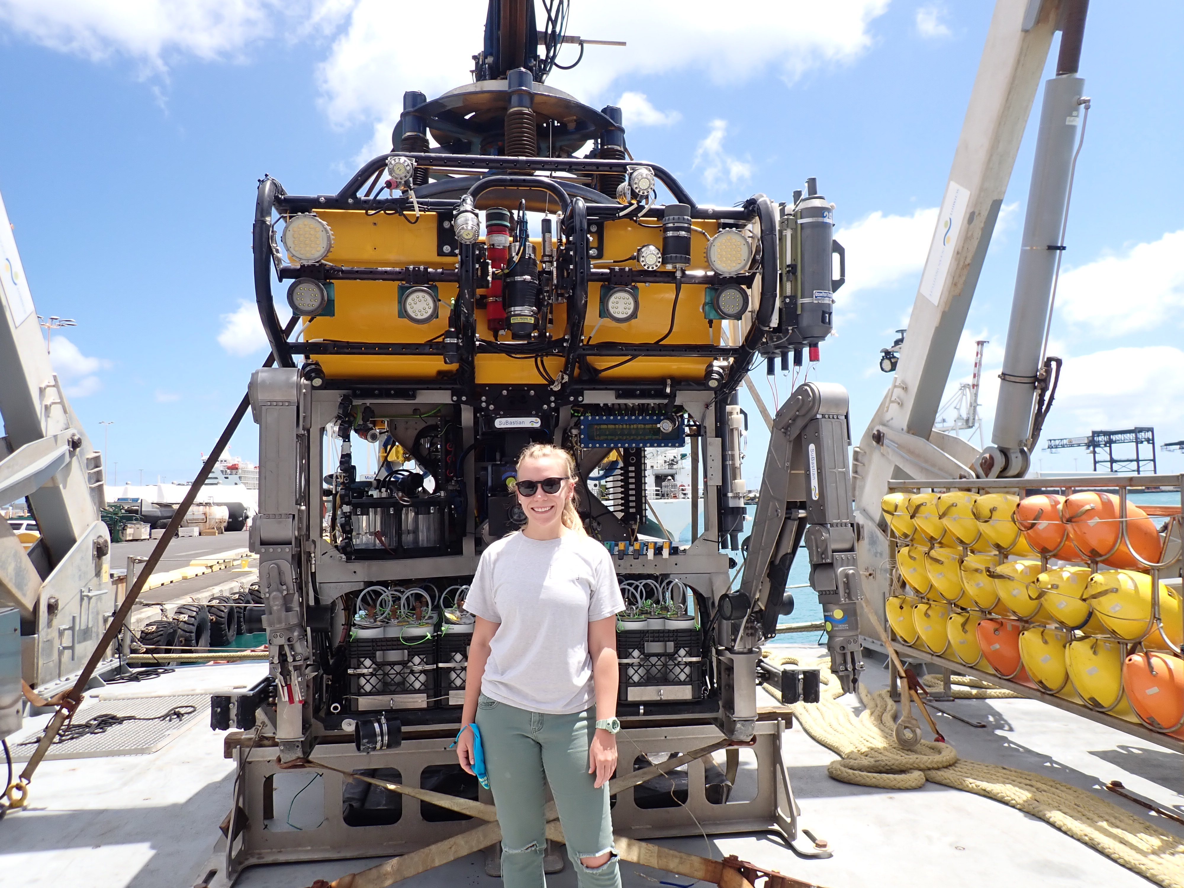 Constance Sartor, a master of science in biology student at the University of Guam, aboard the research vessel Falkor. Sartor went on a 34-day voyage to the Phoenix Islands Protected Area as part of the Schmidt Ocean Institute’s Artist-at-Sea program over the summer.
