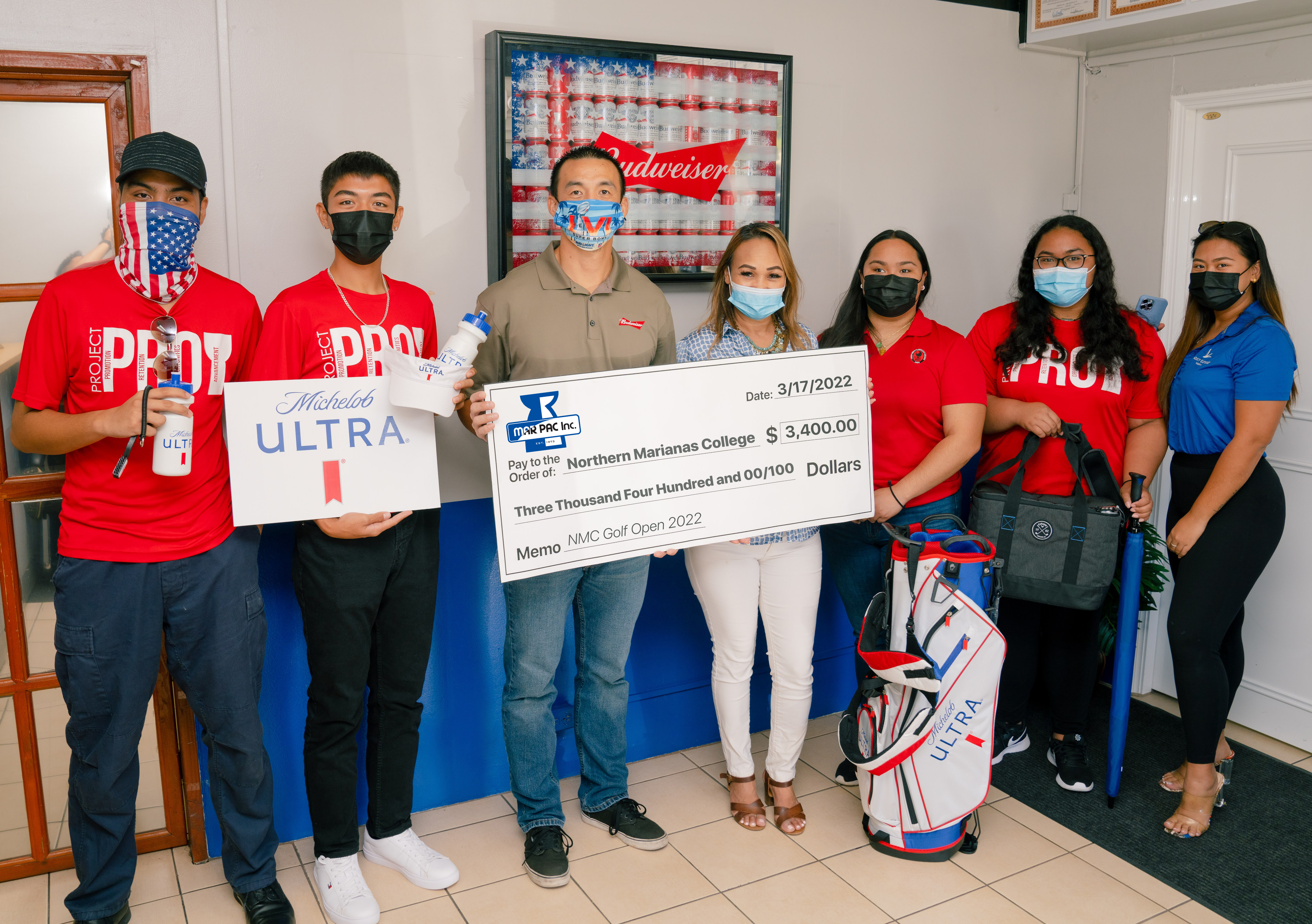 Marianas Pacific Distributors donated $3,400 in cash, in-kind prizes, and beverages to Northern Marianas College. The donation will be used for the NMC Foundation's upcoming golf tournament on Saturday, March 19, 2022.