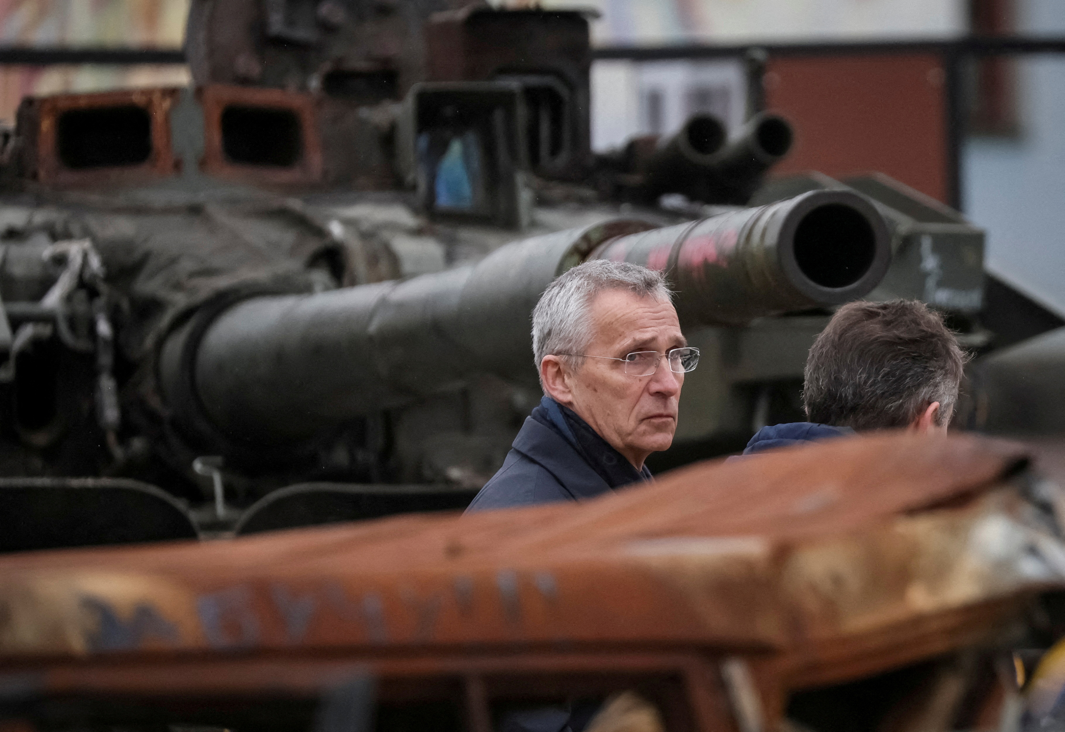 NATO Secretary-General Jens Stoltenberg visits an exhibition displaying destroyed Russian military vehicles, amid Russia's attack on Ukraine, in central Kyiv, Ukraine April 20, 2023. REUTERS/Gleb Garanich