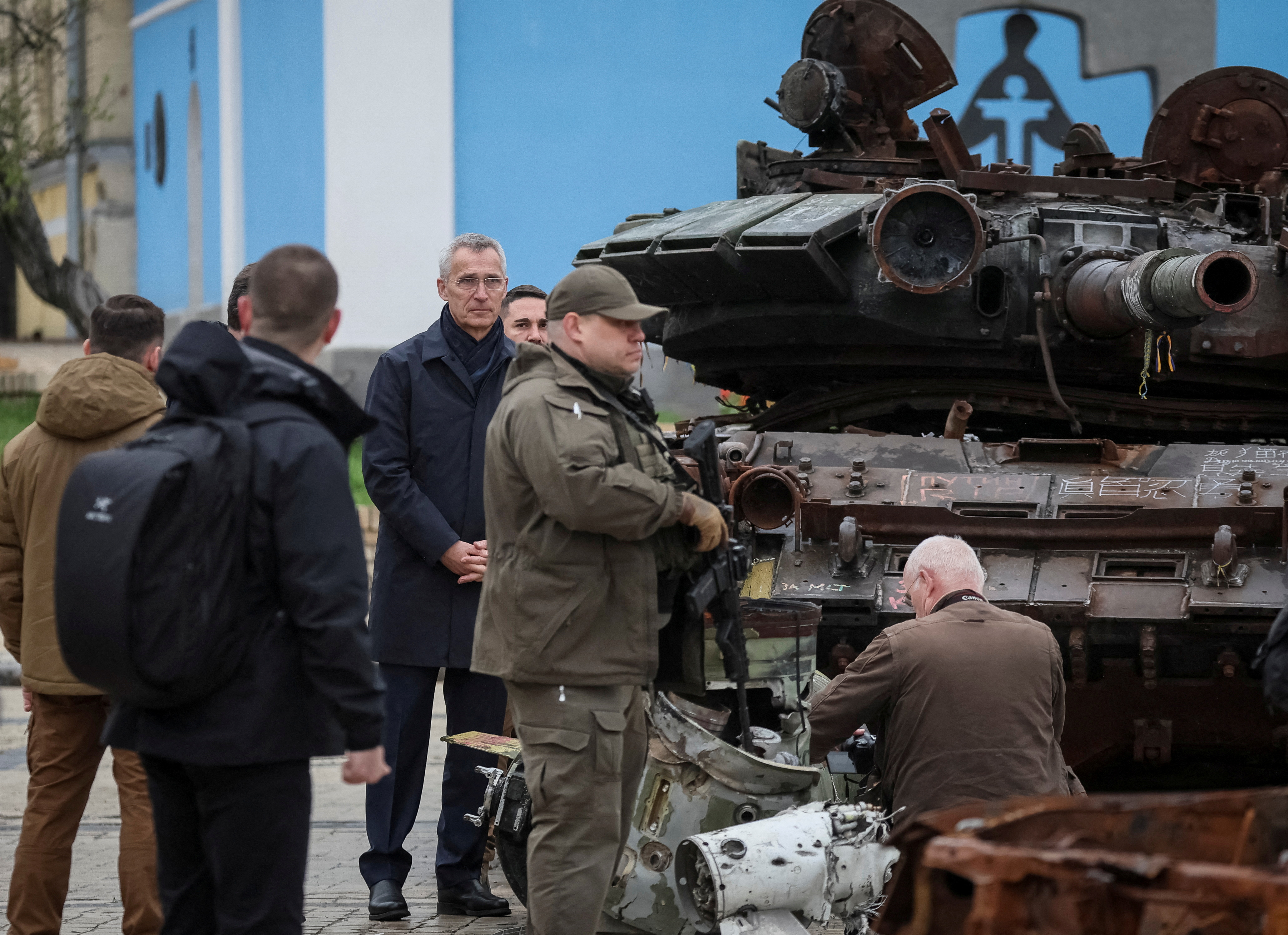 NATO Secretary-General Jens Stoltenberg visits an exhibition displaying destroyed Russian military vehicles, amid Russia's attack on Ukraine, in central Kyiv, Ukraine April 20, 2023. REUTERS/Gleb Garanich