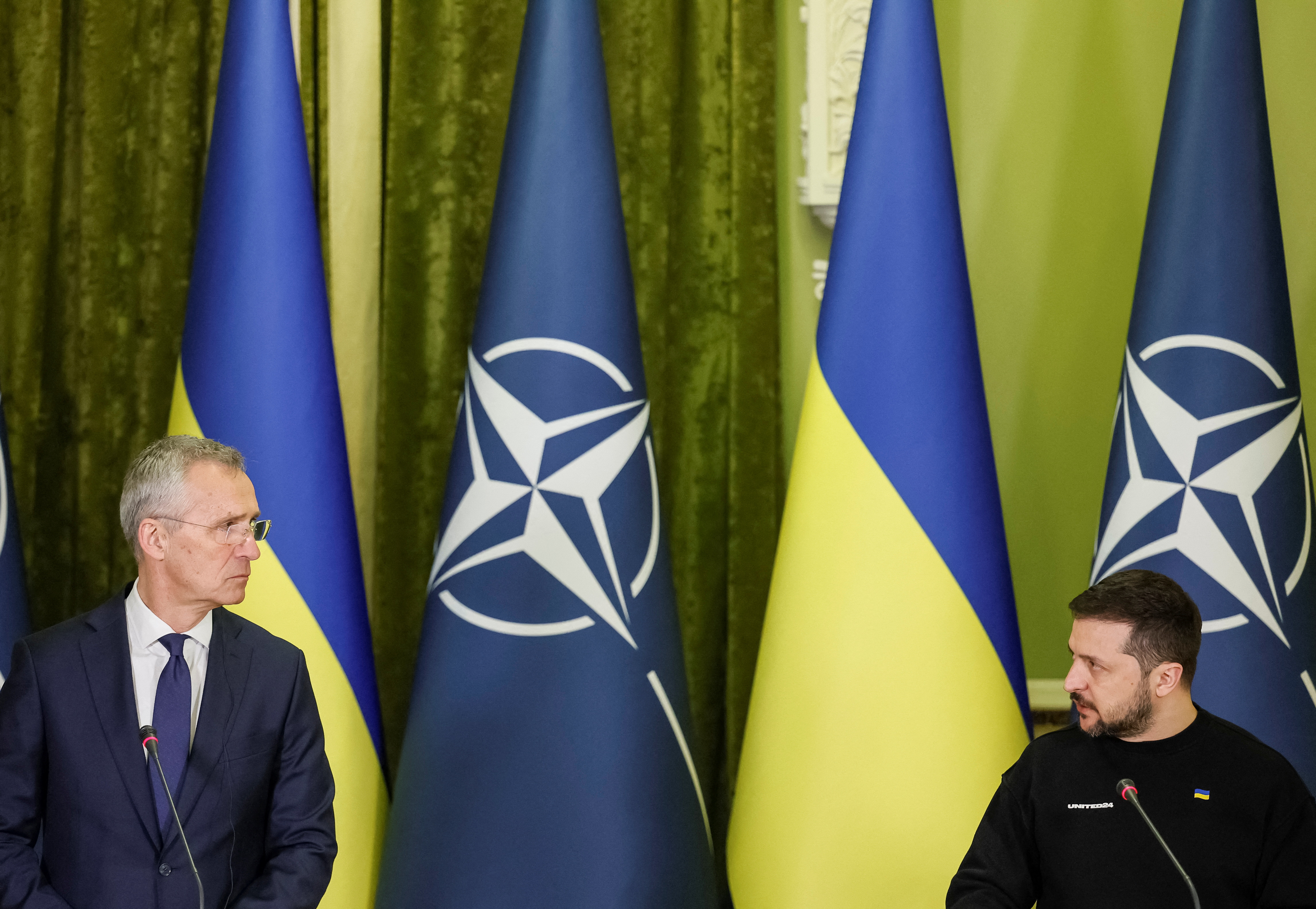 NATO Secretary-General Jens Stoltenberg and Ukraine's President Volodymyr Zelenskiy attend a joint news briefing, amid Russia's attack on Ukraine, in Kyiv, Ukraine April 20, 2023. REUTERS/Alina Yarysh