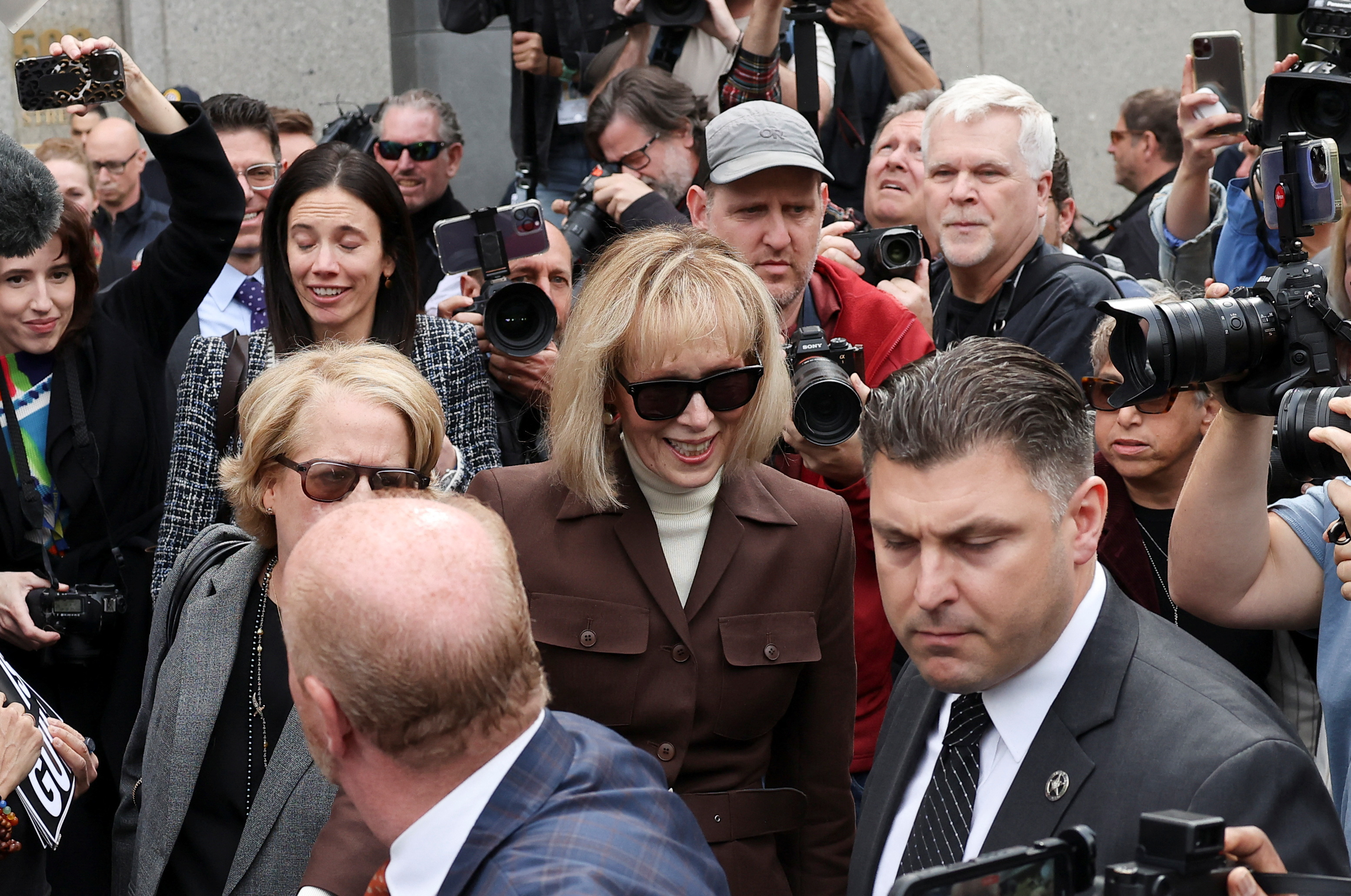 E. Jean Carroll departs from the Manhattan Federal Court following the verdict in the civil rape accusation case against former President Donald Trump, in New York City, May 9, 2023.