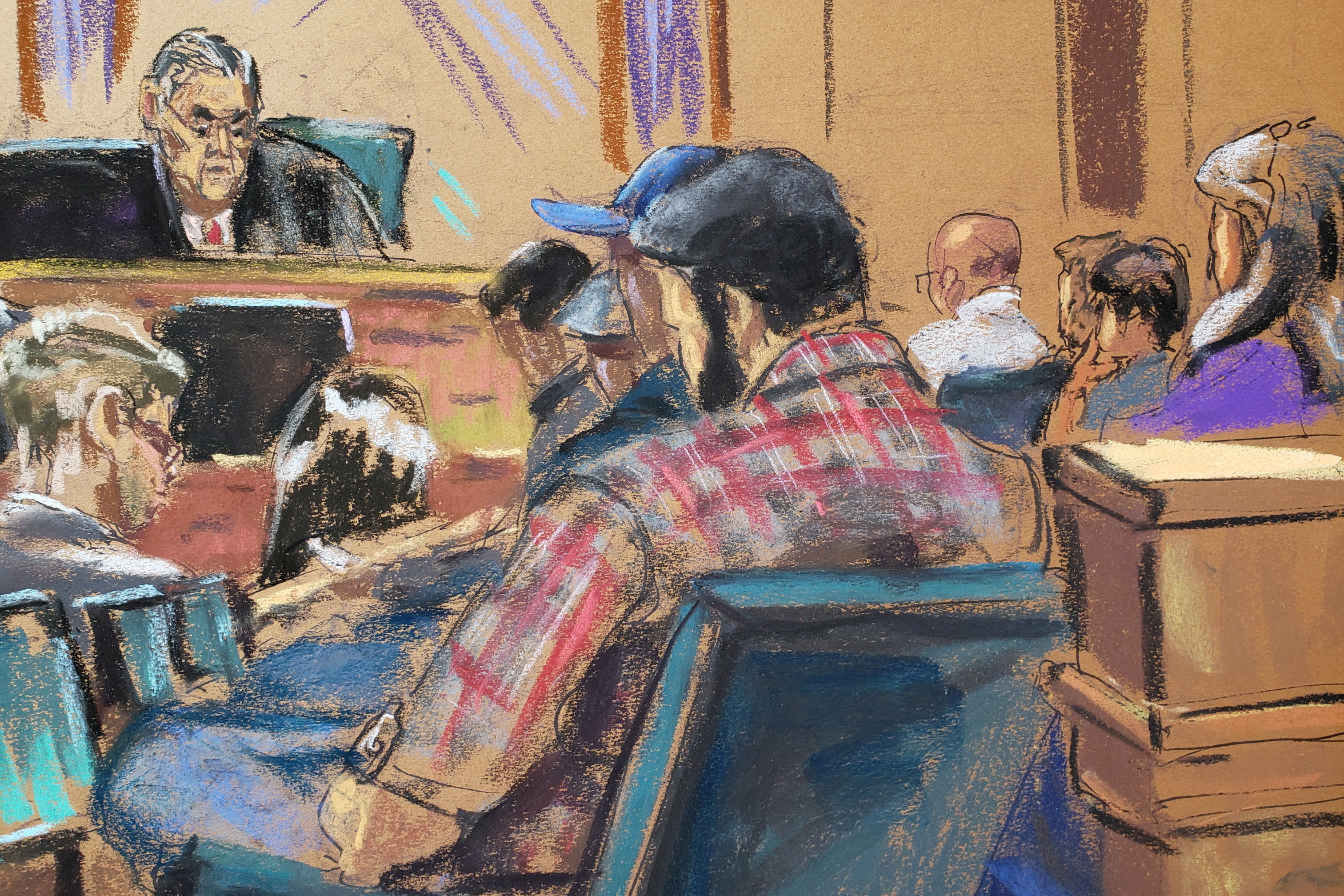 U.S. District Judge Lewis Kaplan instructs the jury of six men and three women on law after closing arguments finished in a civil trial where former Elle magazine advice columnist E. Jean Carroll accuses former U.S. President Donald Trump of raping her in a department store dressing room in the mid-1990s, and of defamation, in New York, U.S., May 9, 2023 in this courtroom sketch. REUTERS/Jane Rosenberg