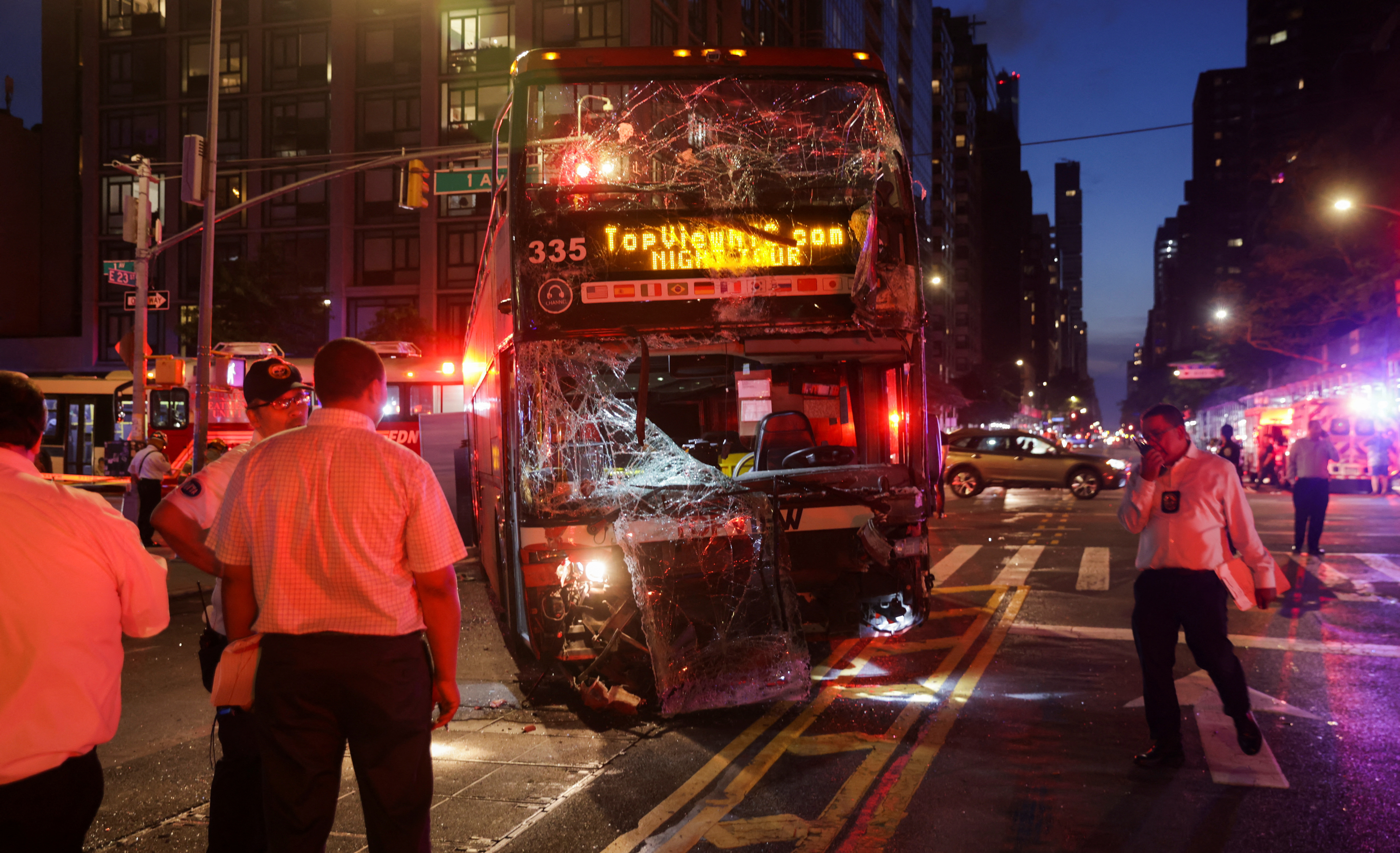 A view of the site of a bus crash between a tourist double decker bus and a city bus in the Manhattan borough of New York City, U.S., July 6, 2023. REUTERS/Jeenah Moon