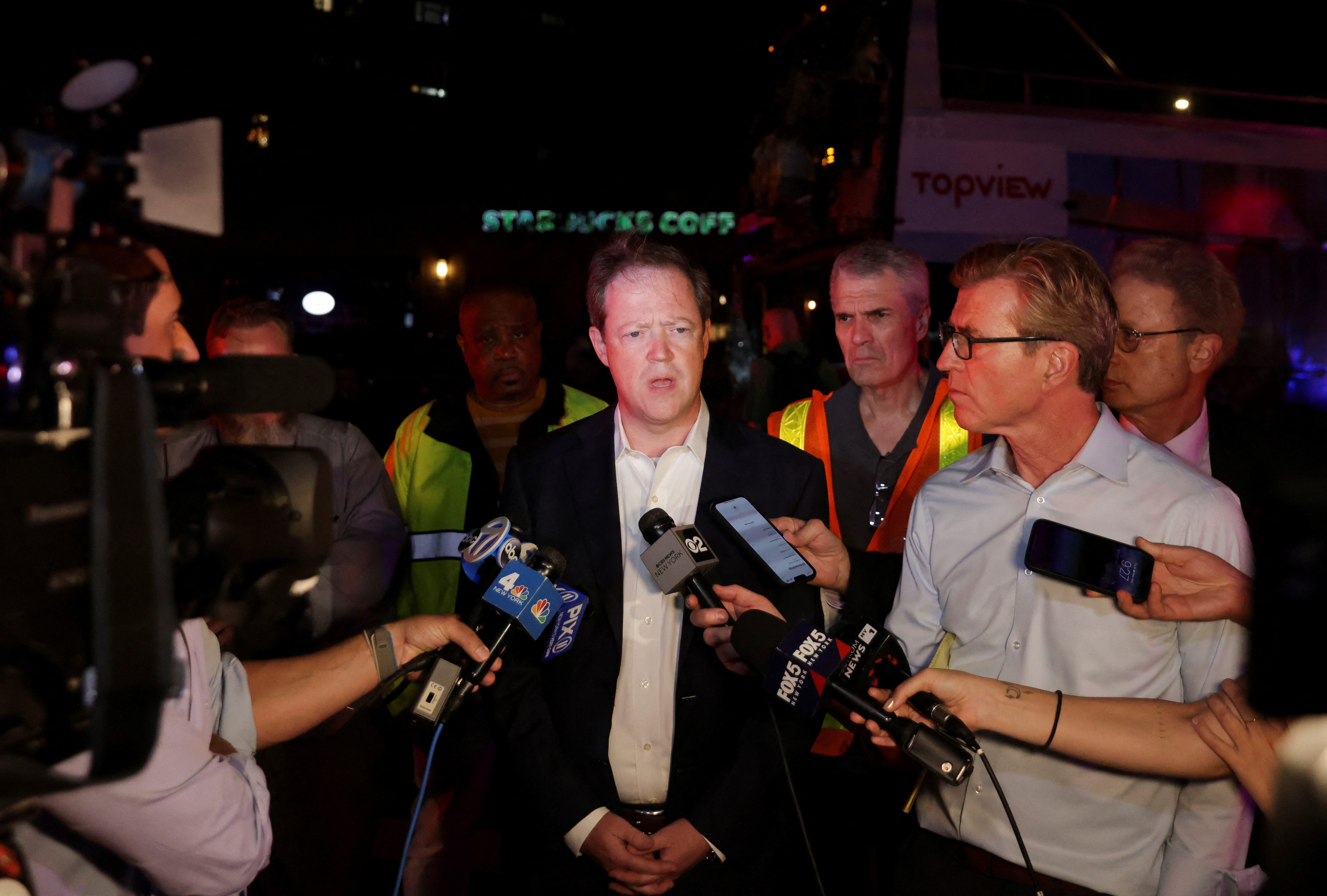 President of the New York City Transit Authority Richard Davey, addresses the press at the site of a bus crash between a tourist double decker bus and a city bus in the Manhattan borough of New York City, U.S., July 6, 2023. REUTERS/Jeenah Moon
