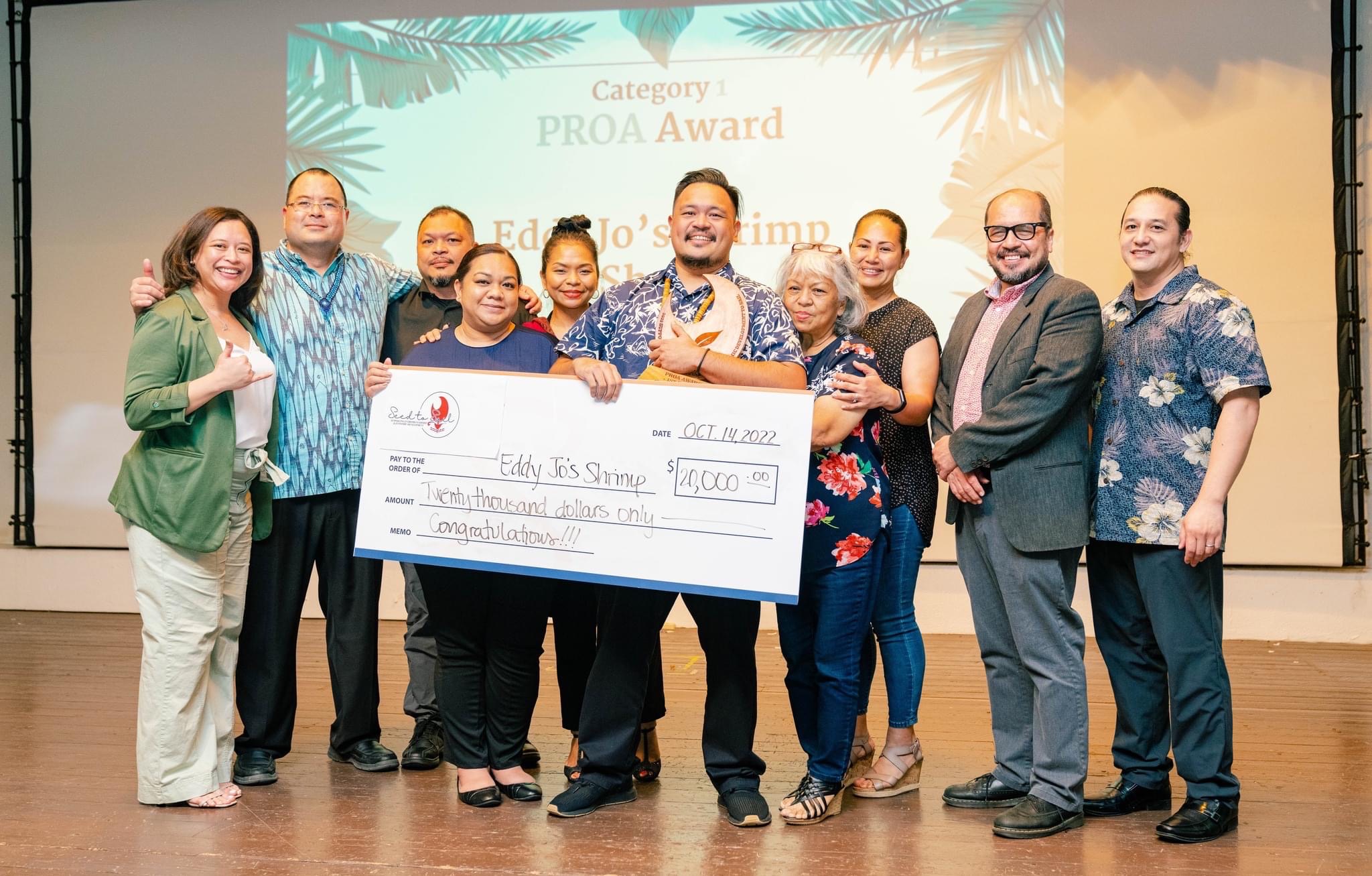 Donovan Jose Pinaula Castro, dba Eddy Joe's Shrimp Shack, was awarded $20,000 cash in seed money during the CNMI SBDC-sponsored event SEED to Sail where applicants vied for a chance to deliver business pitches to a panel of judges. The winning pitch was awarded seed money through generous donors and sponsors. Sponsors for the event included Northern Marianas College, the University of Guam, Bank of Saipan, Priority Care, Saipan Renal Care, the Tan Siu Lin Foundation, IT&E, Turnkey Solutions, Docomo, KKMP and Power 99.