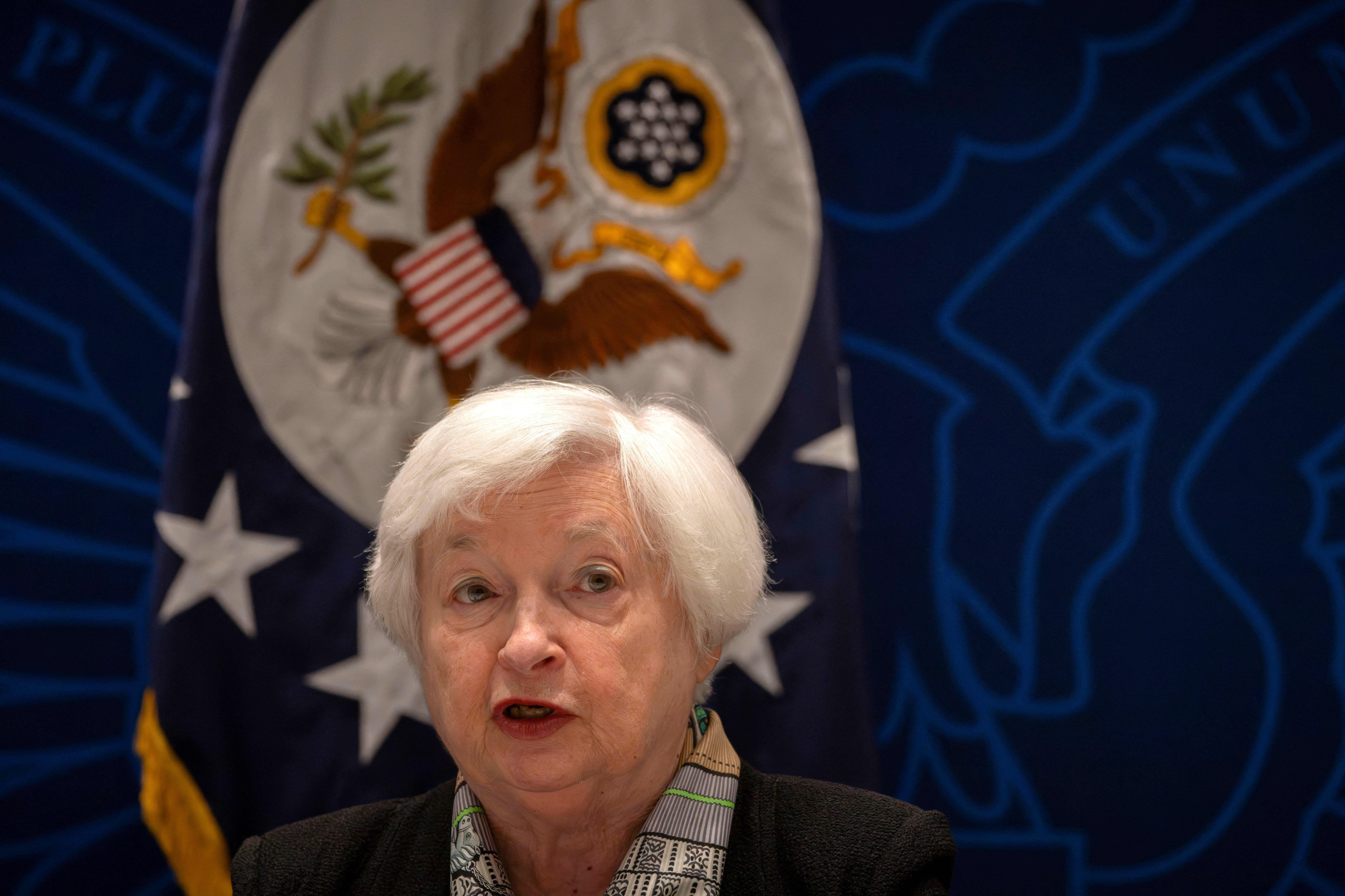 U.S. Treasury Secretary Janet Yellen speaks during a climate finance roundtable discussion at the U.S. Embassy in Beijing, Saturday, July 8, 2023. Mark Schiefelbein/Pool via REUTERS/File Photo