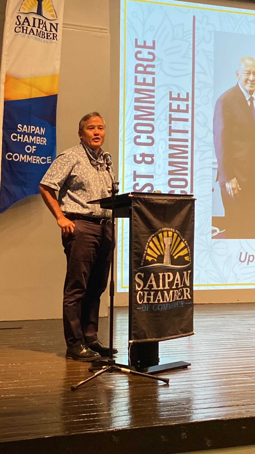 Alex Sablan, Tan Holdings vice president for corporate business development, speaks at a meeting of the Saipan Chamber of Commerce on Wednesday at Crowne Plaza Resort Saipan.