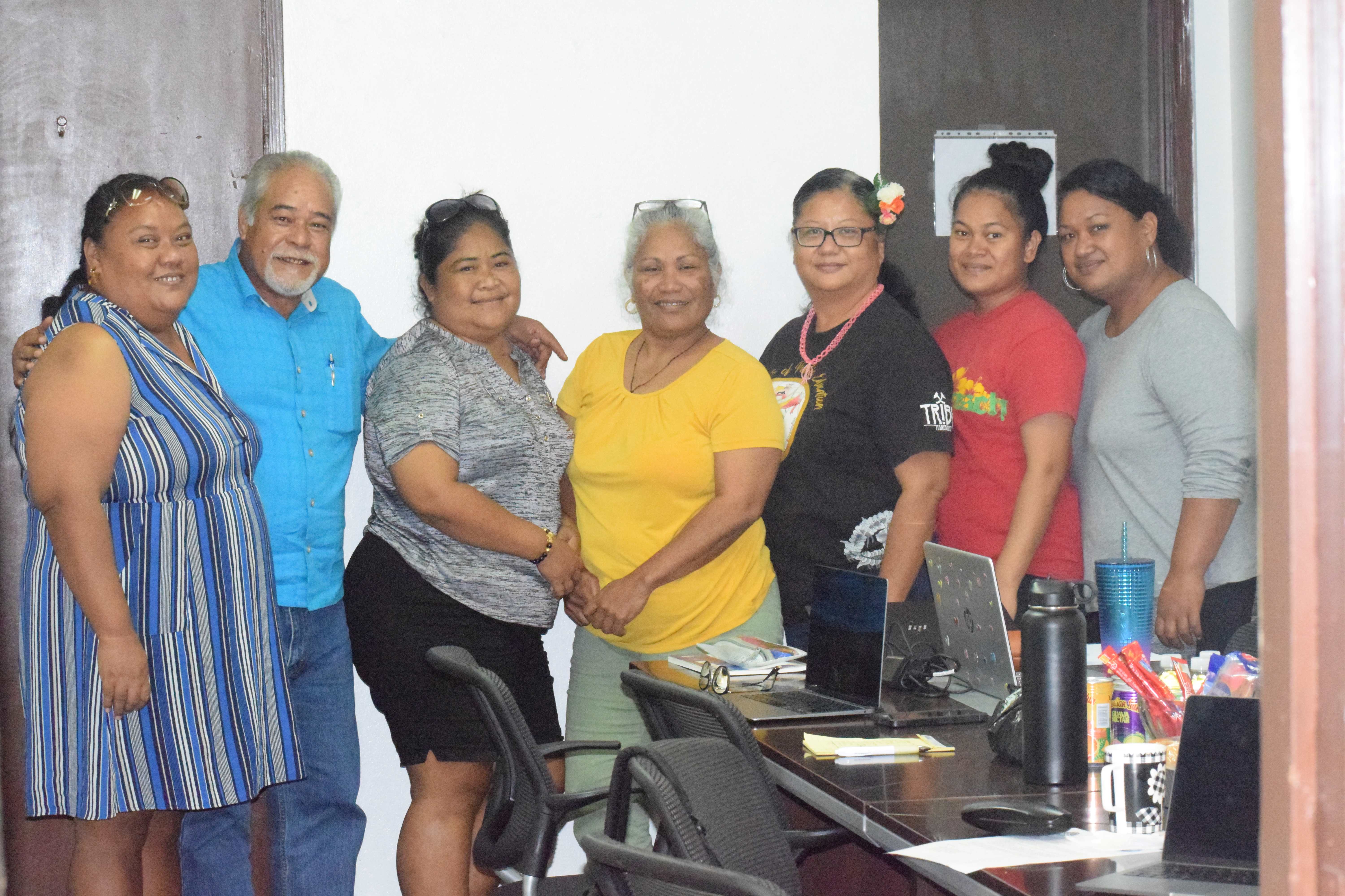 Carolinian Affairs Office Executive Assistant Felix Nogis, second left, with Carolinian Bilingual Recruitment Task Force members, from left, Tina Kaipat, Rachel Aiken, Gloria Rasiang, Fidelina Mafnas, Iunisi Pomee and Camilla Pua in the CAO conference room on Wednesday. Not in the photo are the other task force members, Claire Cabrera and Monica Pua.