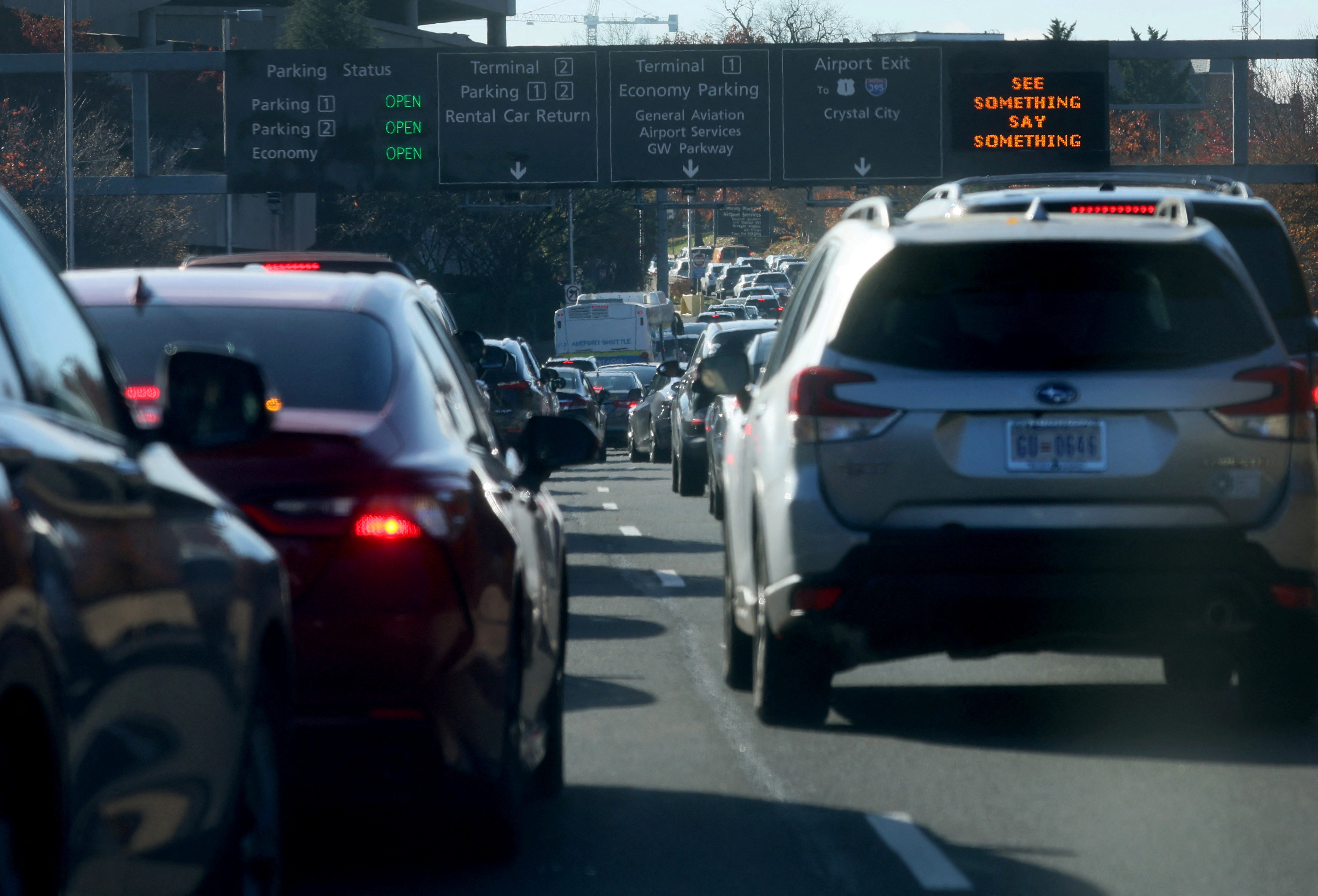Traffic creeps towards Ronald Reagan Washington National Airport, ahead of the Thanksgiving holiday in Arlington, Virginia, U.S., November 22, 2023. 
