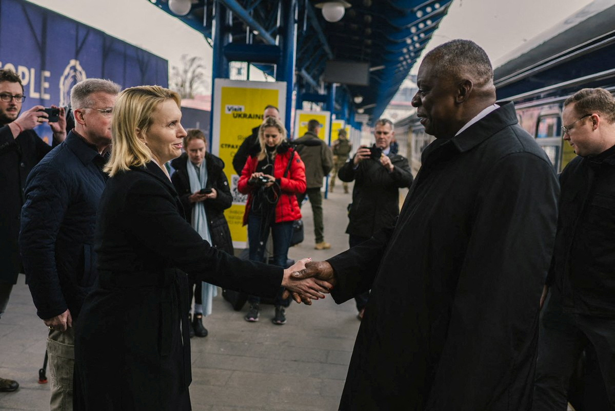 U.S. Secretary of Defense Lloyd Austin is welcomed as he arrives in Kyiv, Ukraine November 20, 2023. 