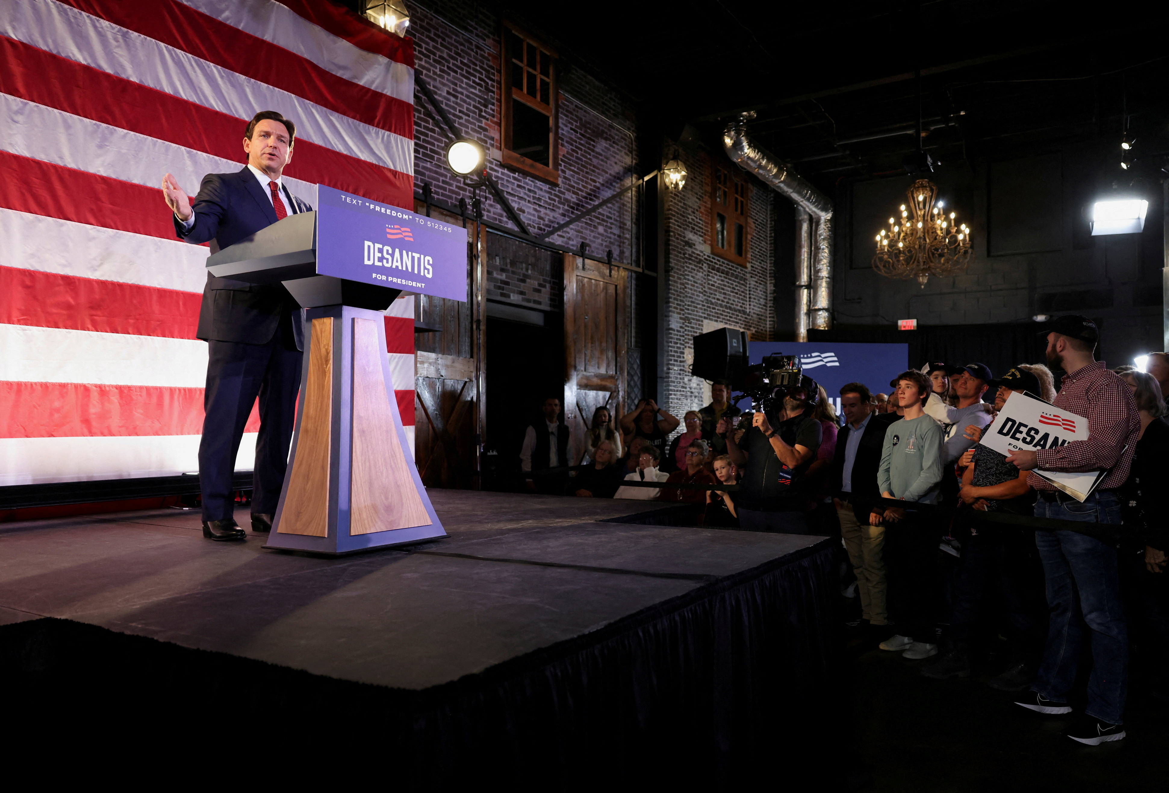 Florida Governor and U.S. Presidential candidate Ron DeSantis speaks during a rally, as Iowa Governor Kim Reynolds (not pictured) endorses DeSantis's bid to be the Republican nominee in the 2024 presidential race, in Des Moines, Iowa, U.S. November 6, 2023.