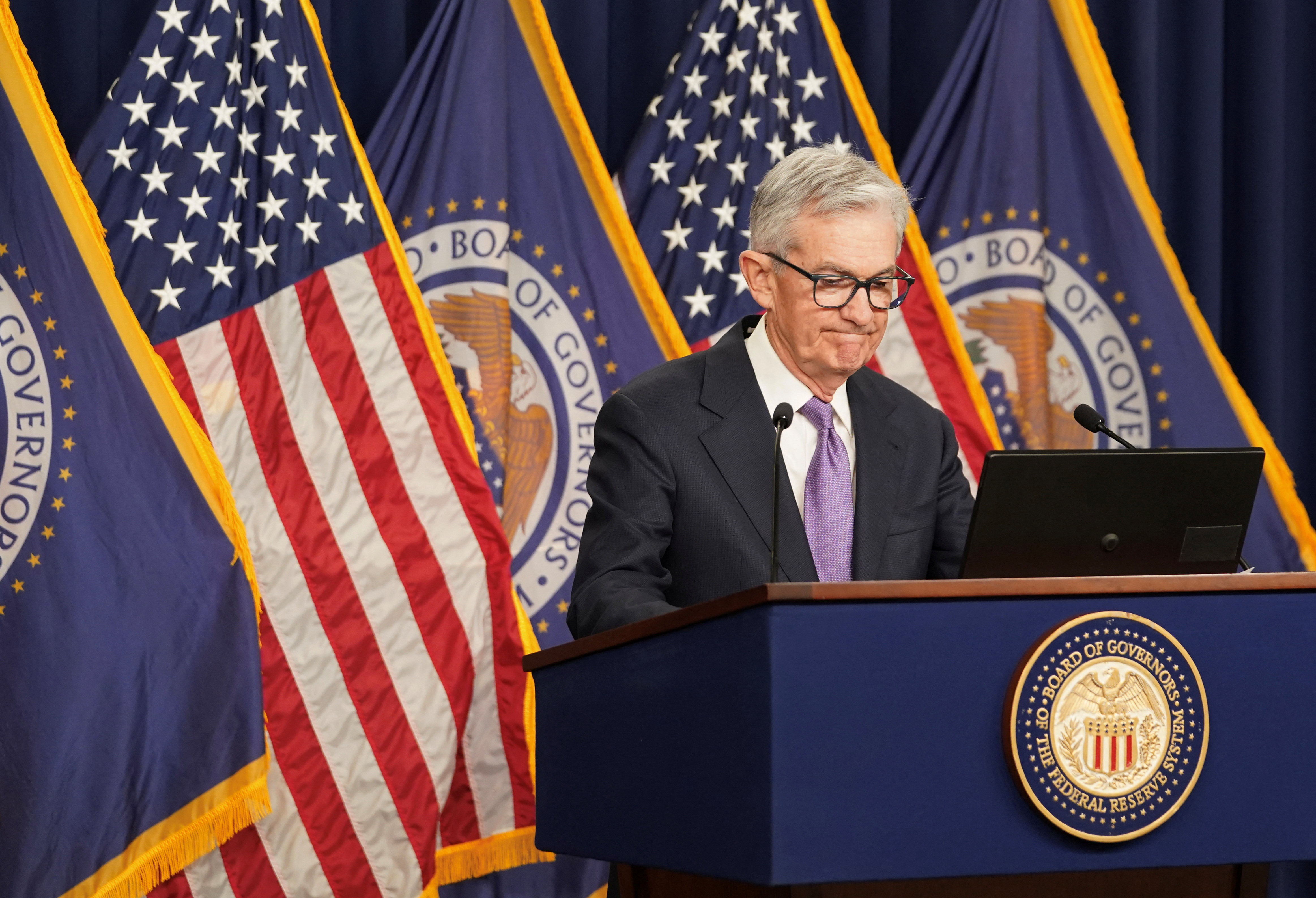 Federal Reserve Board Chairman Jerome Powell speaks during a press conference following a closed two-day meeting of the Federal Open Market Committee on interest rate policy at the Federal Reserve in Washington, U.S., December 13, 2023. 