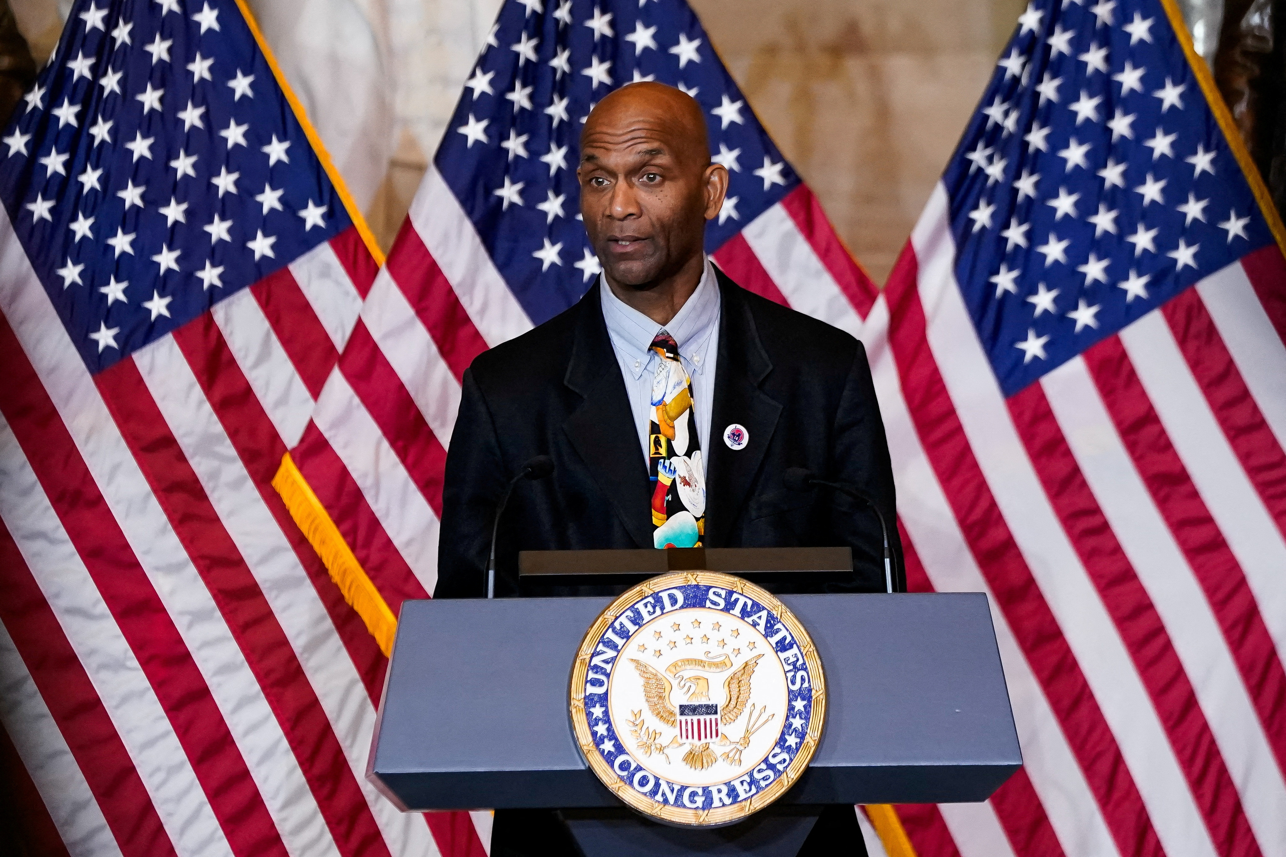 Larry Doby, Jr., speaks after accepting the Congressional Gold Medal posthumously honoring his father, Major League Baseball player, civil rights activist and World War II veteran, Lawrence Eugene “Larry” Doby, during a ceremony in Statuary Hall at the U.S. Capitol in Washington, U.S., December 13, 2023. 