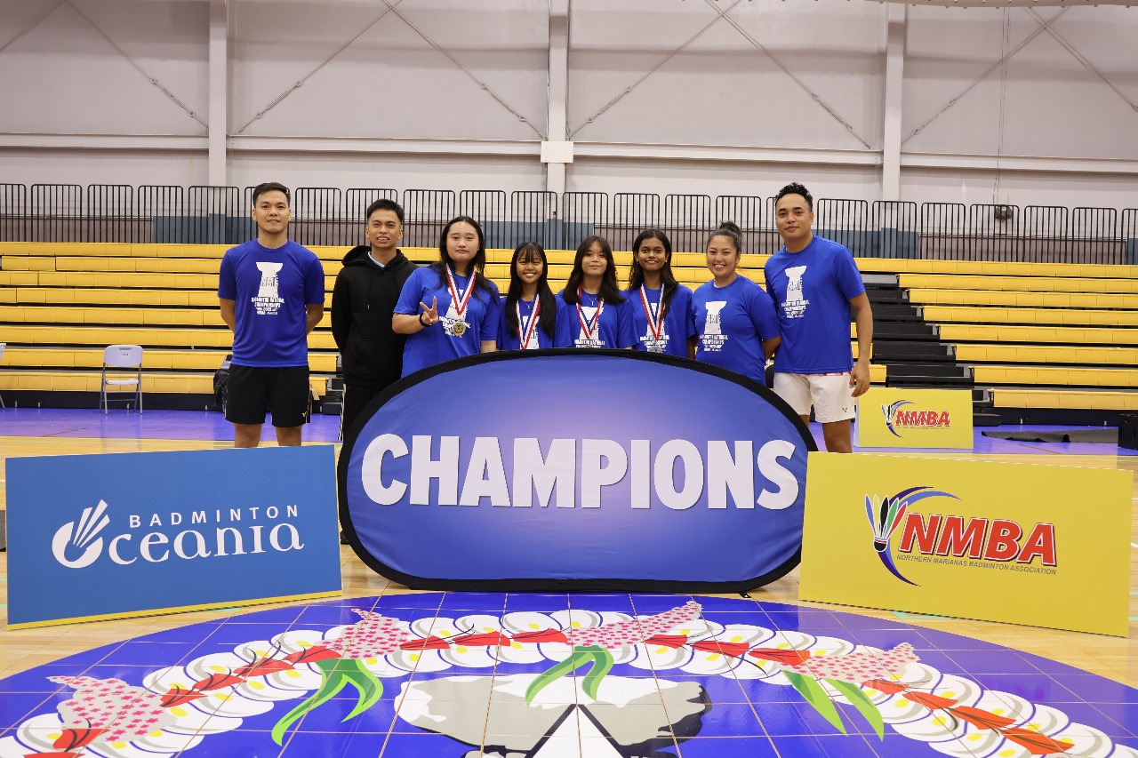 The winners in the girls U17 division pose for a photo during the awards ceremony of the NMI Badminton National Championships at the Ada gym.