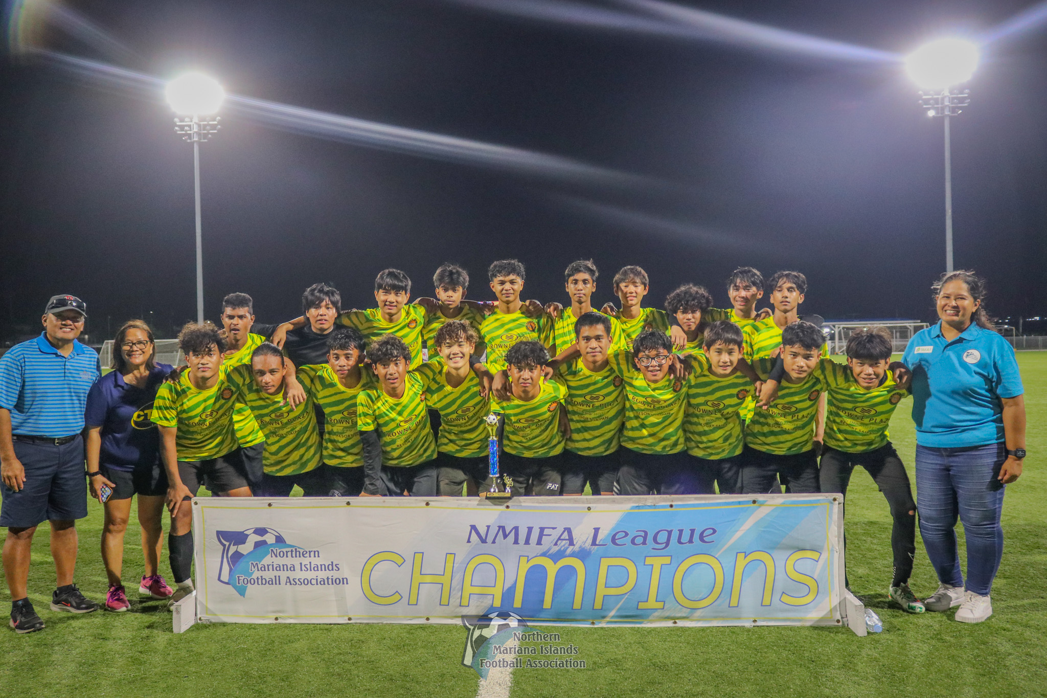 The Matansa Football Club members pose for a photo after defeating the Latte Football Club, 3-2, to win the U17 boys division title on Saturday at the NMI Soccer Training Center in Koblerville.