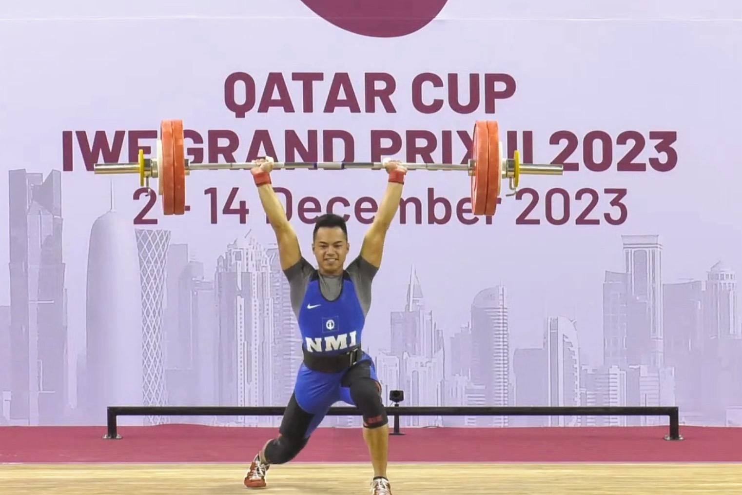 Leowell Cristobal completes the clean & jerk portion of the 2023 International Weightlifting Federation Grand Prix II in Doha, Qatar.
