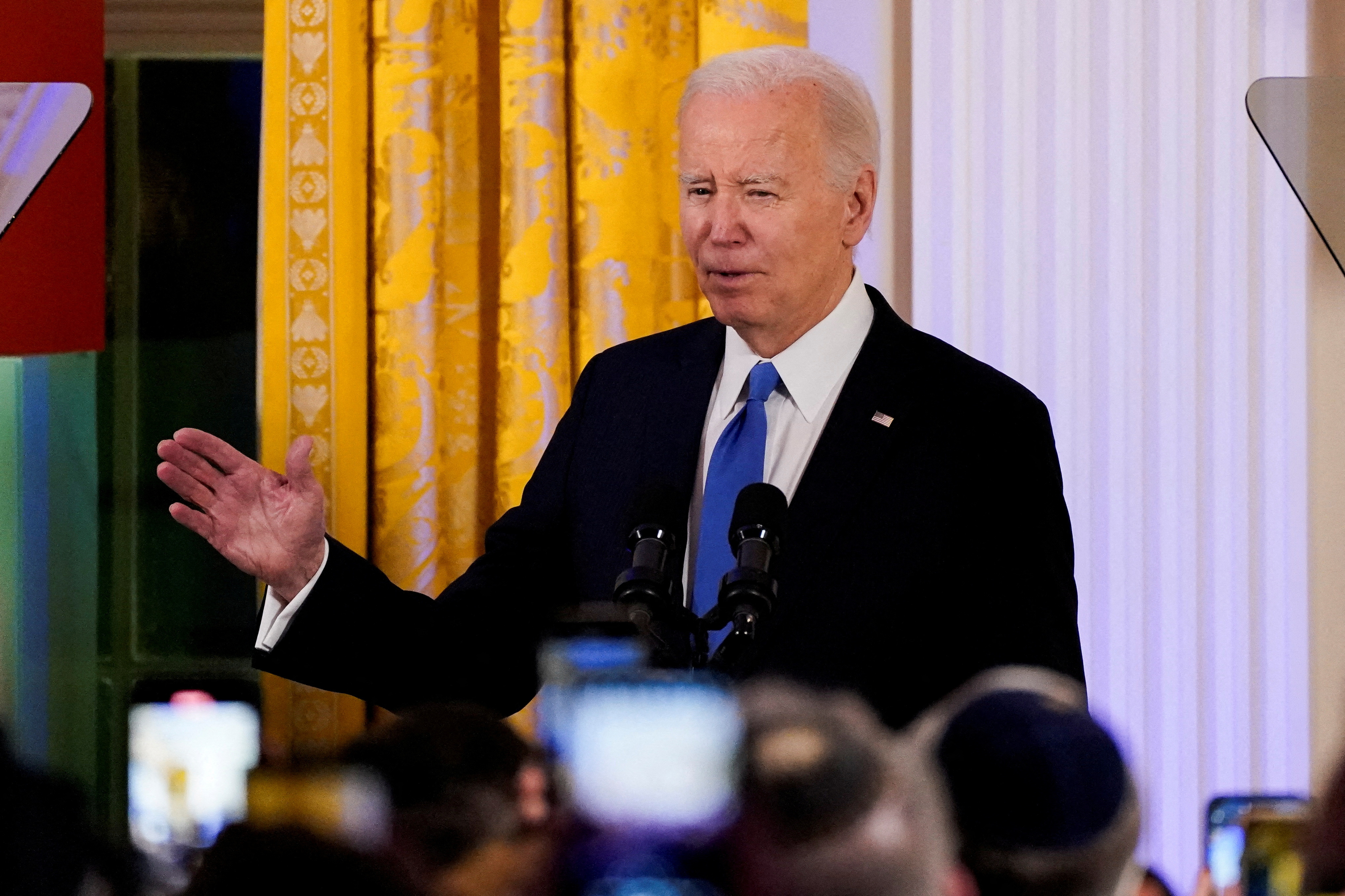 U.S. President Joe Biden delivers remarks during a Hanukkah reception at the White House in Washington, U.S., December 11, 2023.