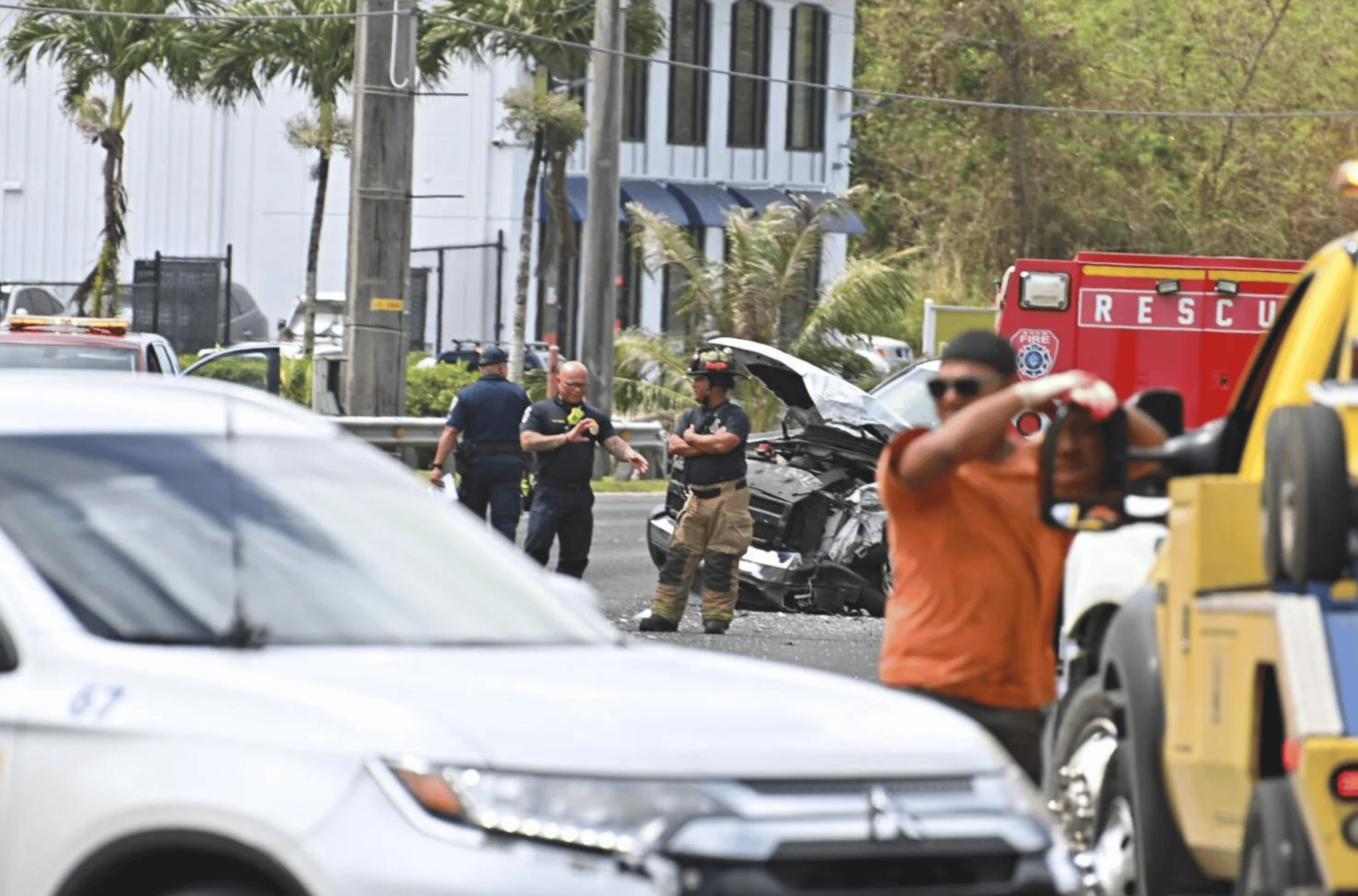 A white truck is one of four vehicles involved in an accident on Dead Man's Curve on Thursday, Feb. 22, 2024, along Route 1 in Asan. 
