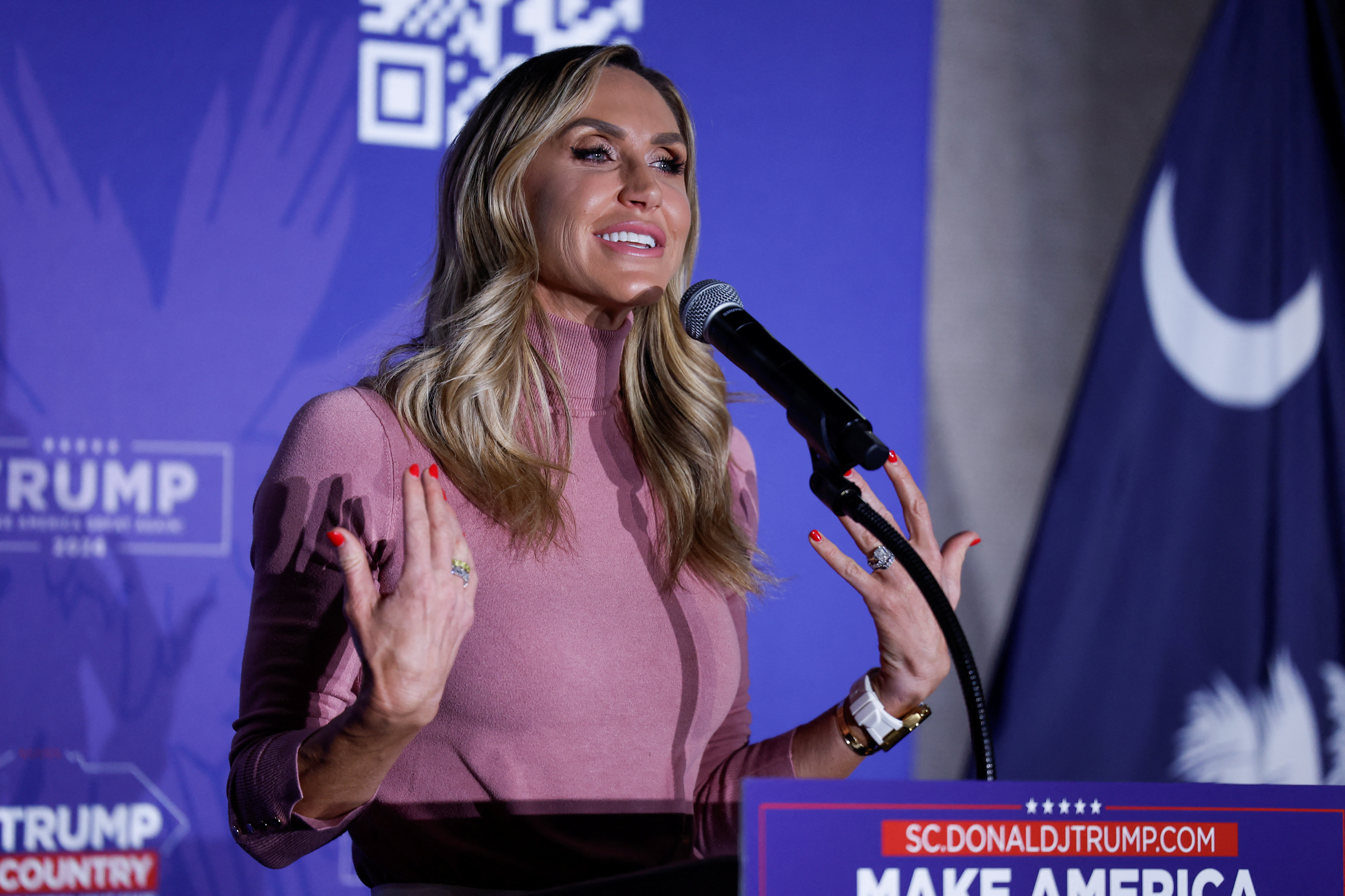 Lara Trump holds a "Team Trump" event on behalf of her father-in-law, Republican presidential candidate and former U.S. President Donald Trump, ahead of the South Carolina Republican primary election, in Beaufort, South Carolina, U.S. February 21, 2024. 