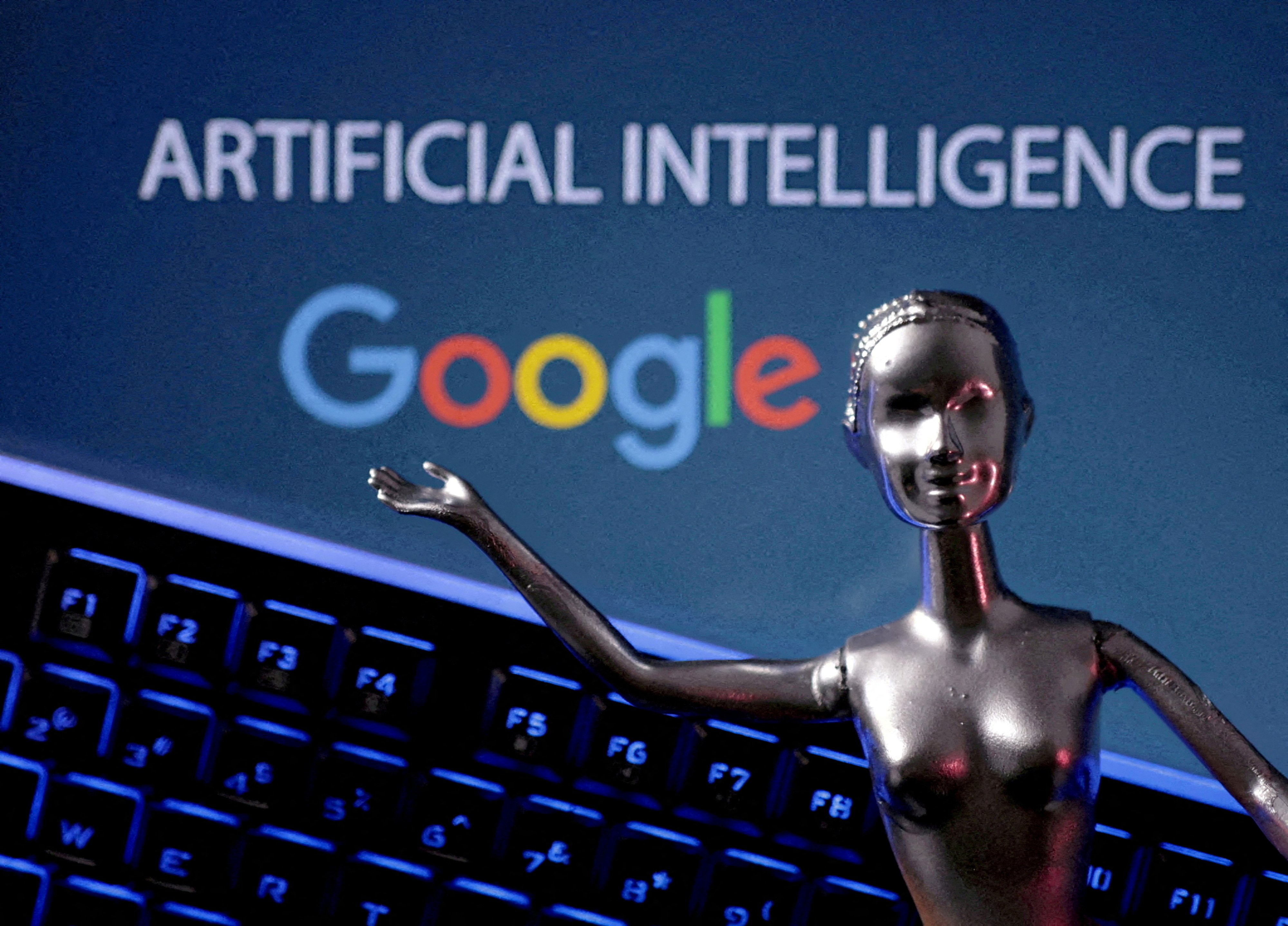 FILE PHOTO: Google logo and AI Artificial Intelligence words are seen in this illustration taken, May 4, 2023. 