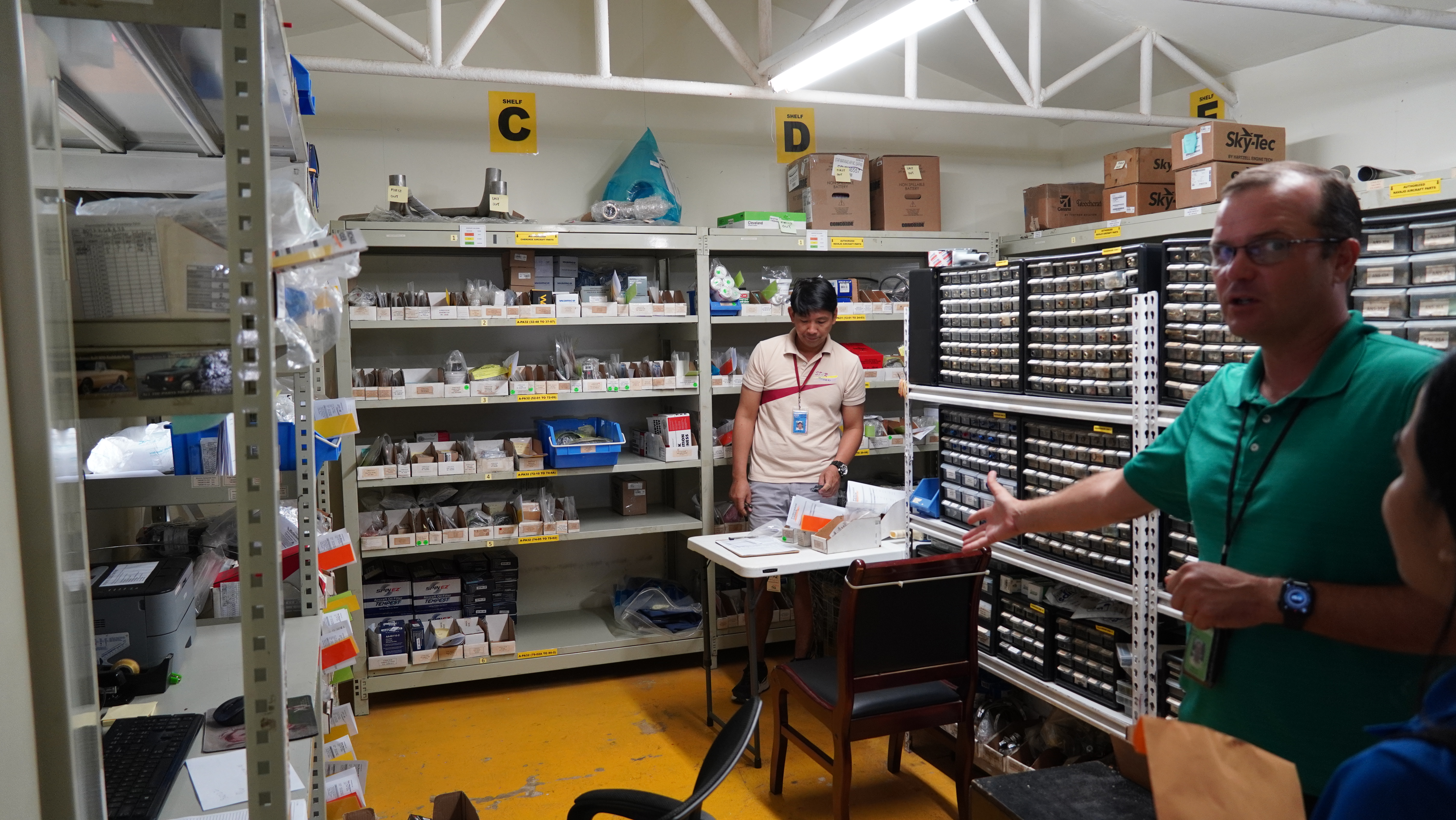 Shaun Christian shows Variety SMA's own inventory system for aircraft maintenance.