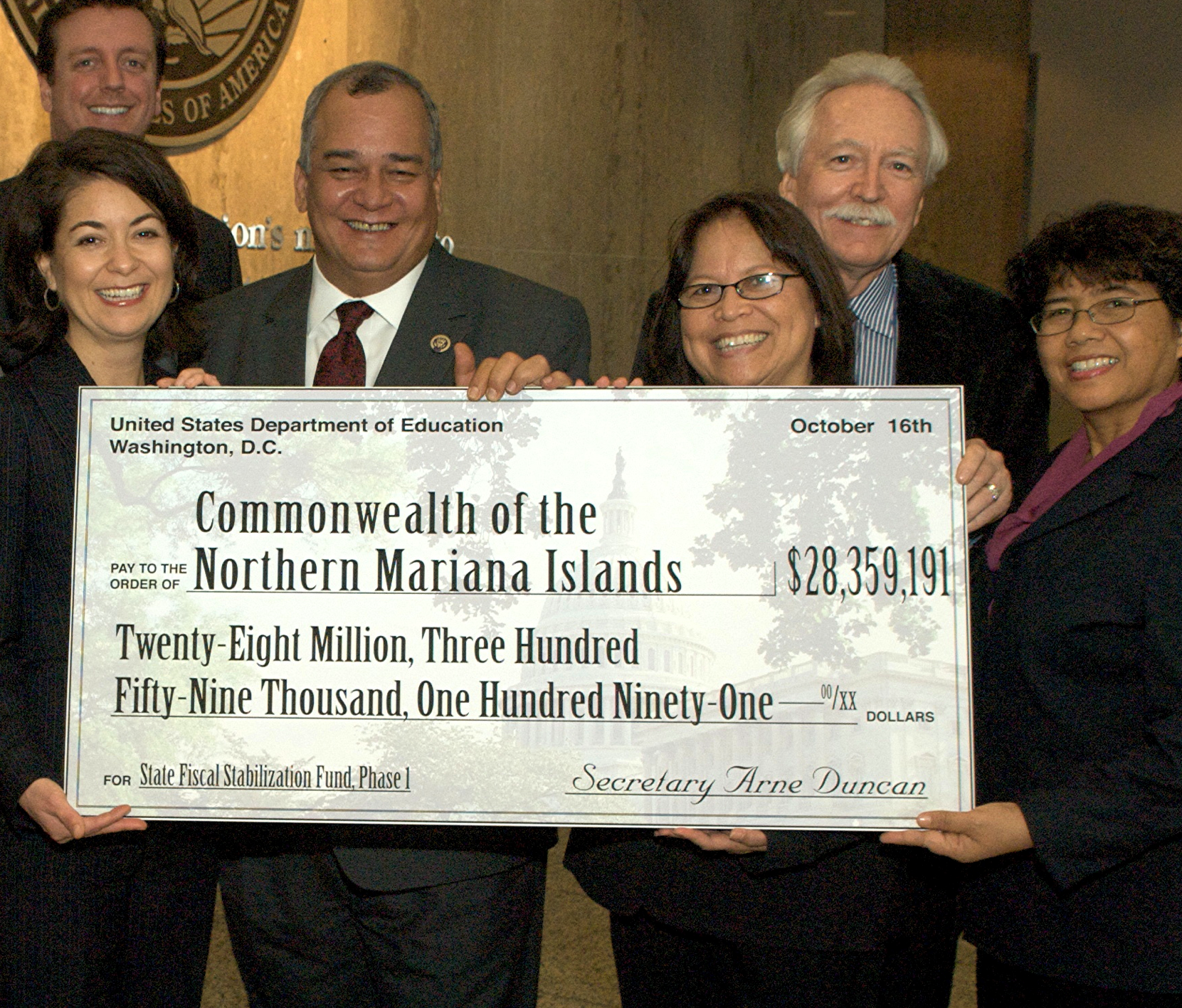 ‘Education, education, education…’Congressman Sablan ran on a platform of “education, education, education,” believing learning was the key to success for his constituents and for the Commonwealth. His first year in office he secured $44 million in State Fiscal Stabilization Funds for the Marianas Public School System. Commissioner of Education Rita A. Sablan, Federal Programs Officer Tim Thornburgh, and Associate Commissioner for Instructional Services Jackie Quitugua came to Washington to collect the initial installment of $28 million from Education Assistant Secretary Gabriella Gomez. As a member of the Education and the Workforce Committee, the Marianas Congressman increased annual Title I-A funding set aside for the Marianas, when the Elementary and Secondary Education Act was reauthorized, made sure school staff were paid and students fed during the coronavirus, and kept library shelves filled with 65,526 books he and his staff hand-selected for the Marianas at the Library of Congress.