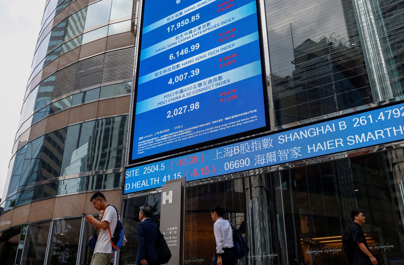 Screens showing the Hang Seng stock index and stock prices are seen outside Exchange Square, in Hong Kong, China, Aug. 18, 2023.REUTERS