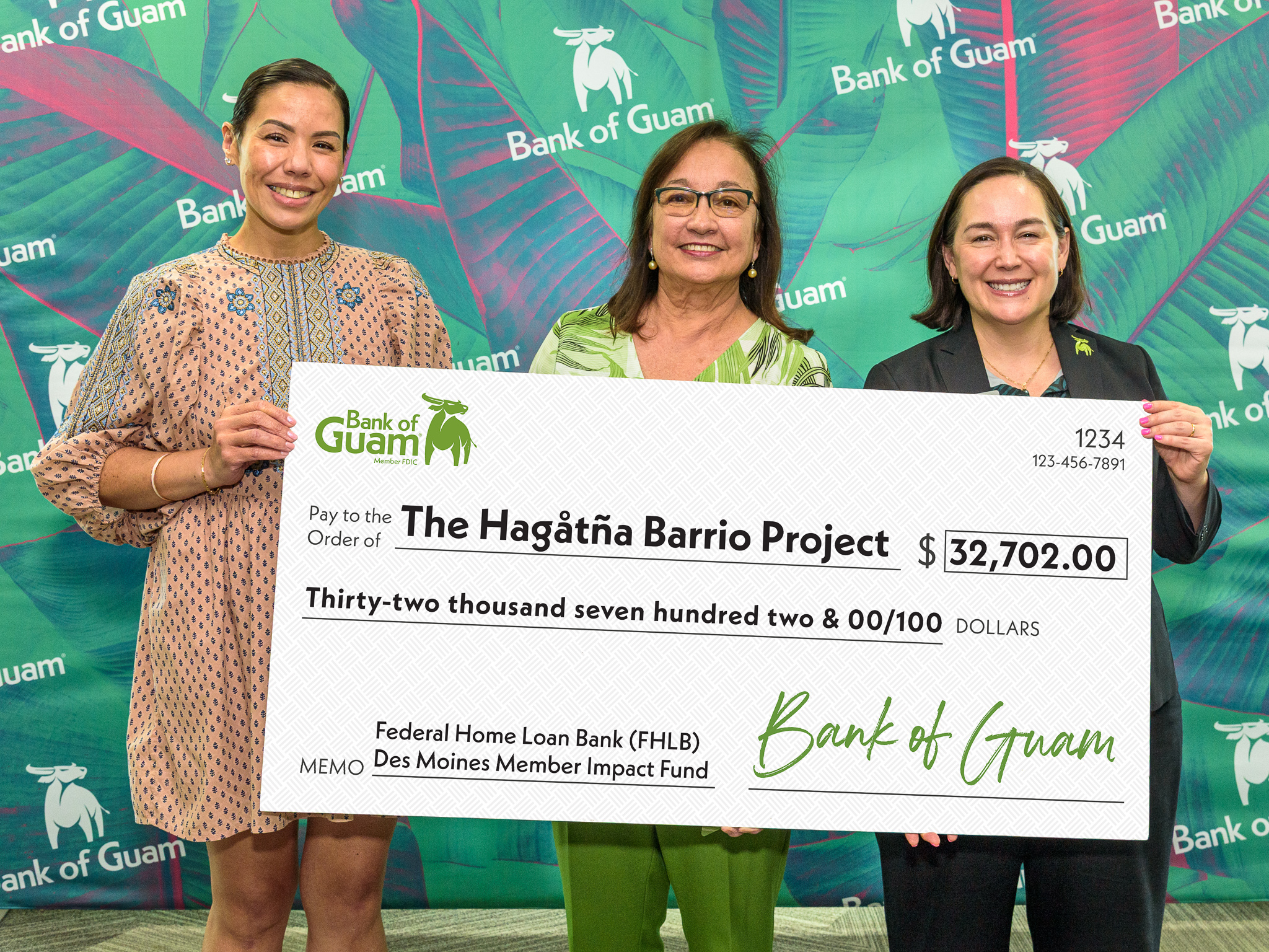 Bank of Guam is honored to partner with Federal Home Loan Bank of Des Moines in presenting a Member Impact Fund grant to The Hagåtña Barrio Project, under the Hagåtña Restoration and Redevelopment Authority or HRRA. This grant will support the project’s mission of cultural preservation and community revitalization. Pictured, from left, Lesley-Anne Leon Guerrero, senior vice president, chief experience officer, bank of Guam; Jillette T. Leon Guerrero, executive director, HRRA; and Maria Eugenia Leon Guerrero, executive vice president, chief operating officer, Bank of Guam and chairwoman of the board, HRRA.BoG photo