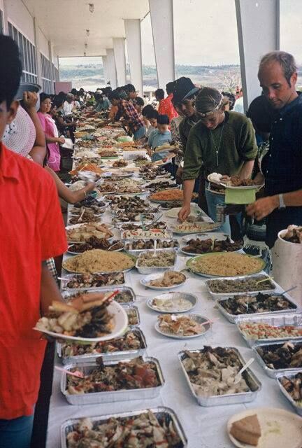 Peace Corps. Volunteers with Tinian residents during San Jose Fiesta on May 1970. This is a photo from the Facebook page Mariana Memories-Micro. 