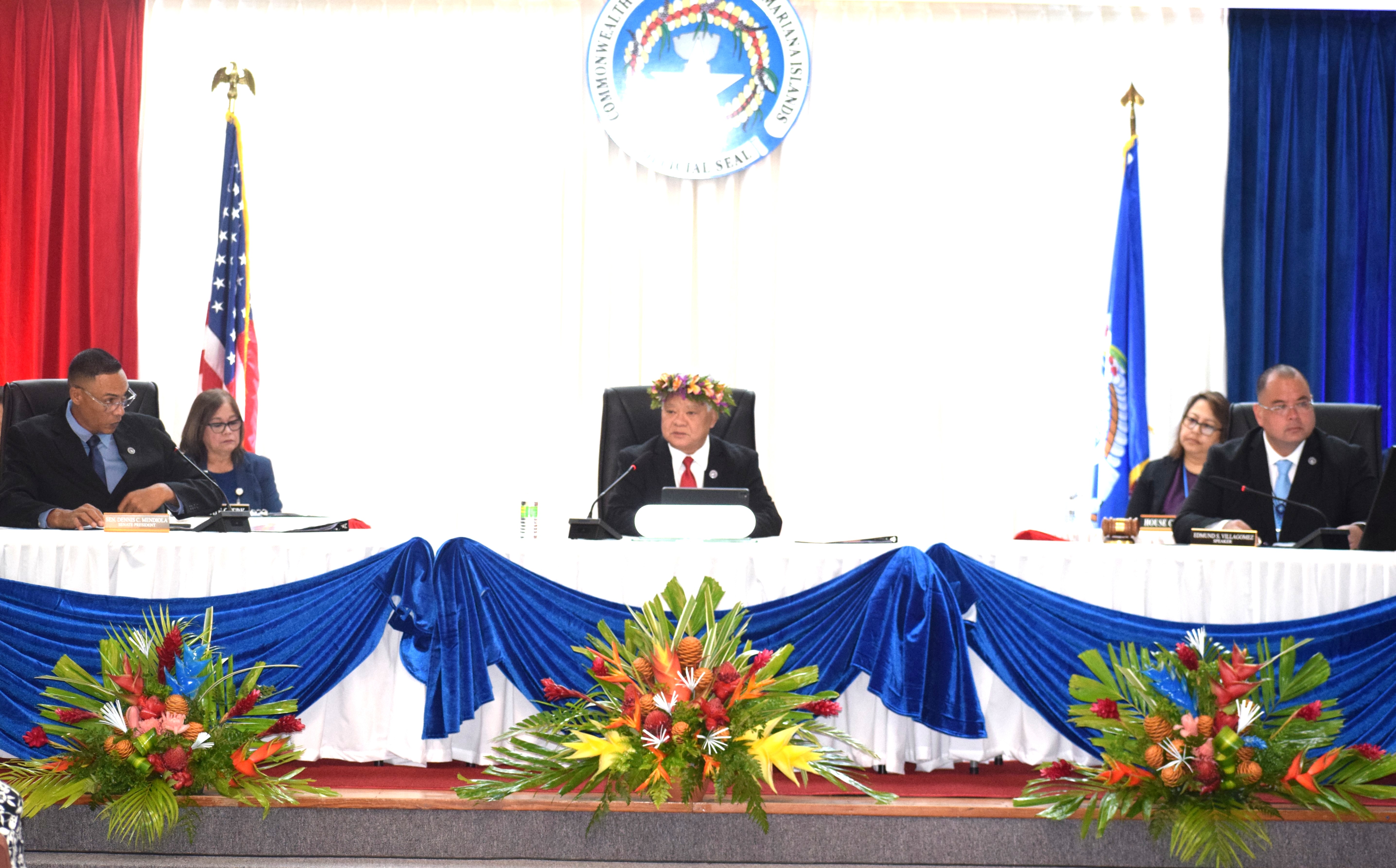 Gov. Arnold I. Palacios, center, delivers his first State of the Commonwealth Address at the Governor Pedro P. Tenorio Multi-Purpose Center in Susupe as Senate President Dennis James Mendiola, left, and Speaker Edmund S. Villagomez listen.